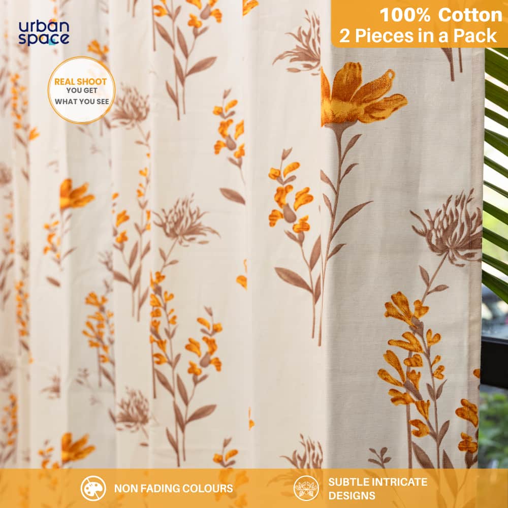 Urban Space -Home Furnishing Store 100% Cotton Curtains for Living Room, Bedroom curtains - Pack of 2 curtains, Orchid Blooms - Yellow - view 2
