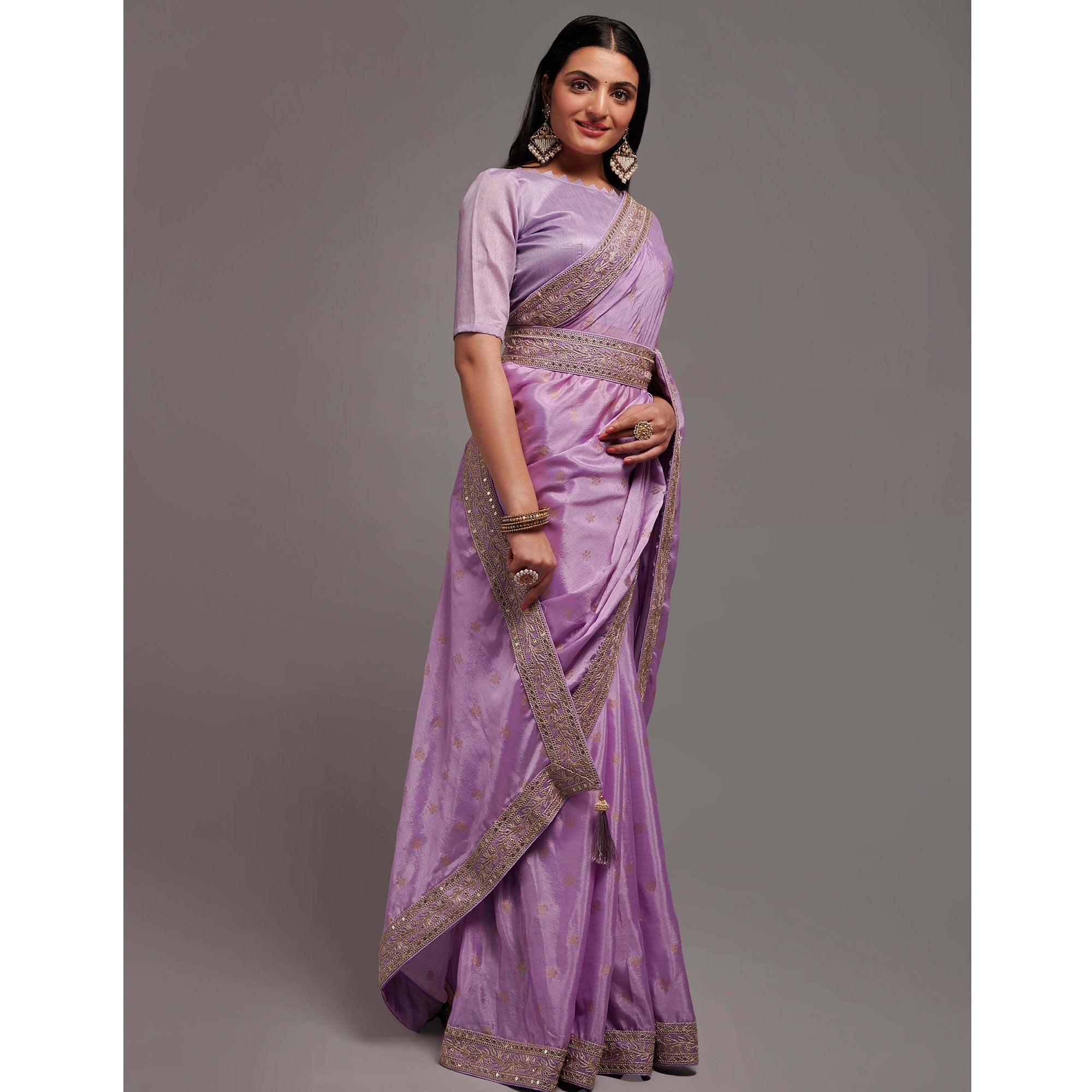 Peachmode Light Purple Foil Printed With Embroidered Border Chinon Saree - view 5