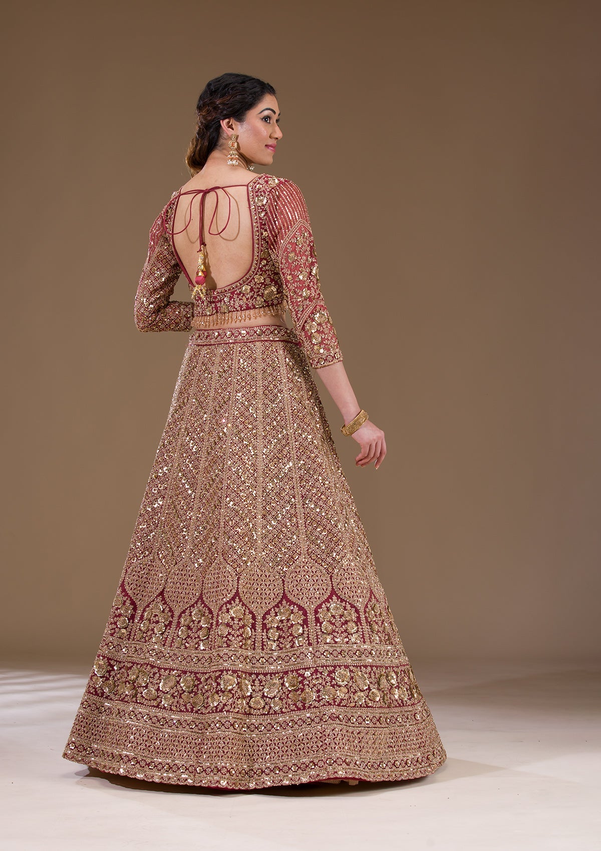 Koskii Light Brown Sequins Net Readymade Lehenga - view 3