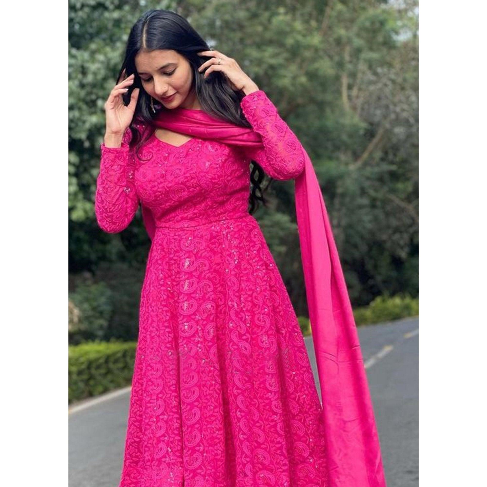Peachmode Seller Dark Pink Lucknowi Embroidered Georgette Sharara Suit - view 3
