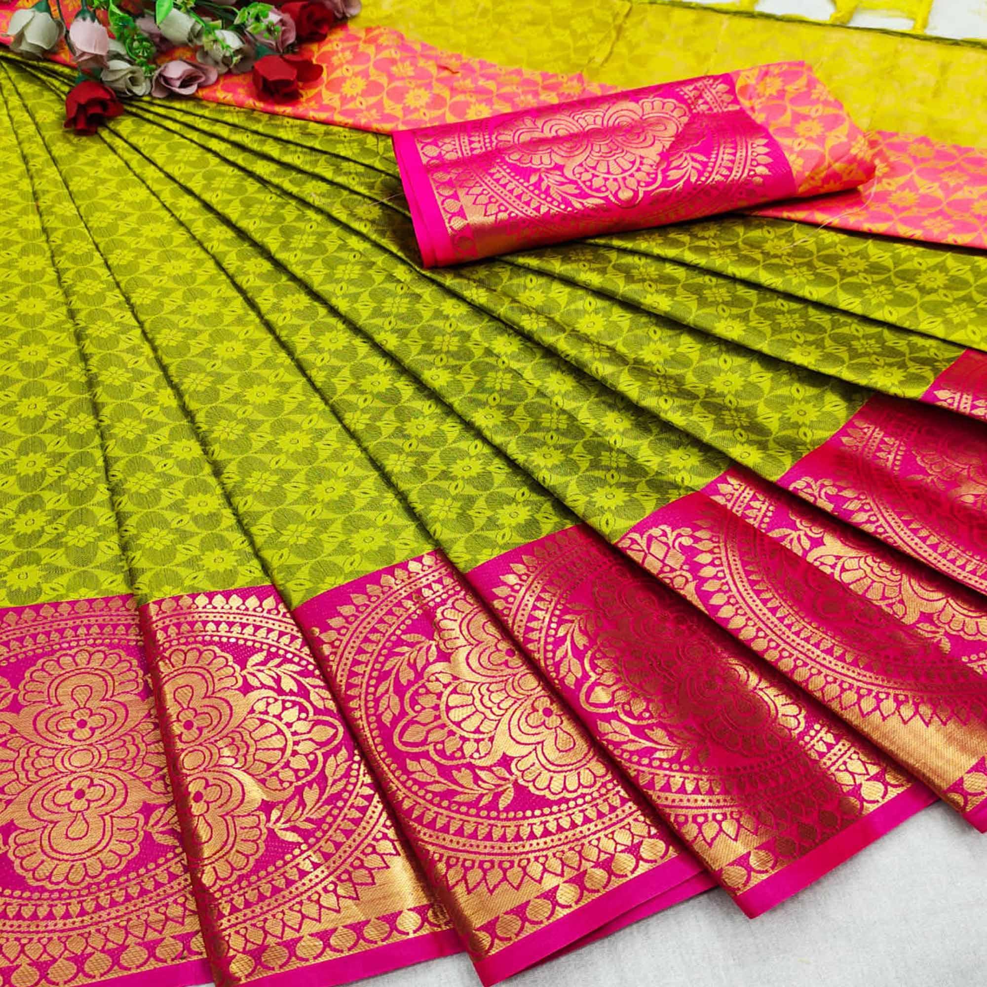 Peachmode Lemon Green Festive Wear Woven Desginer Cotton Silk Saree