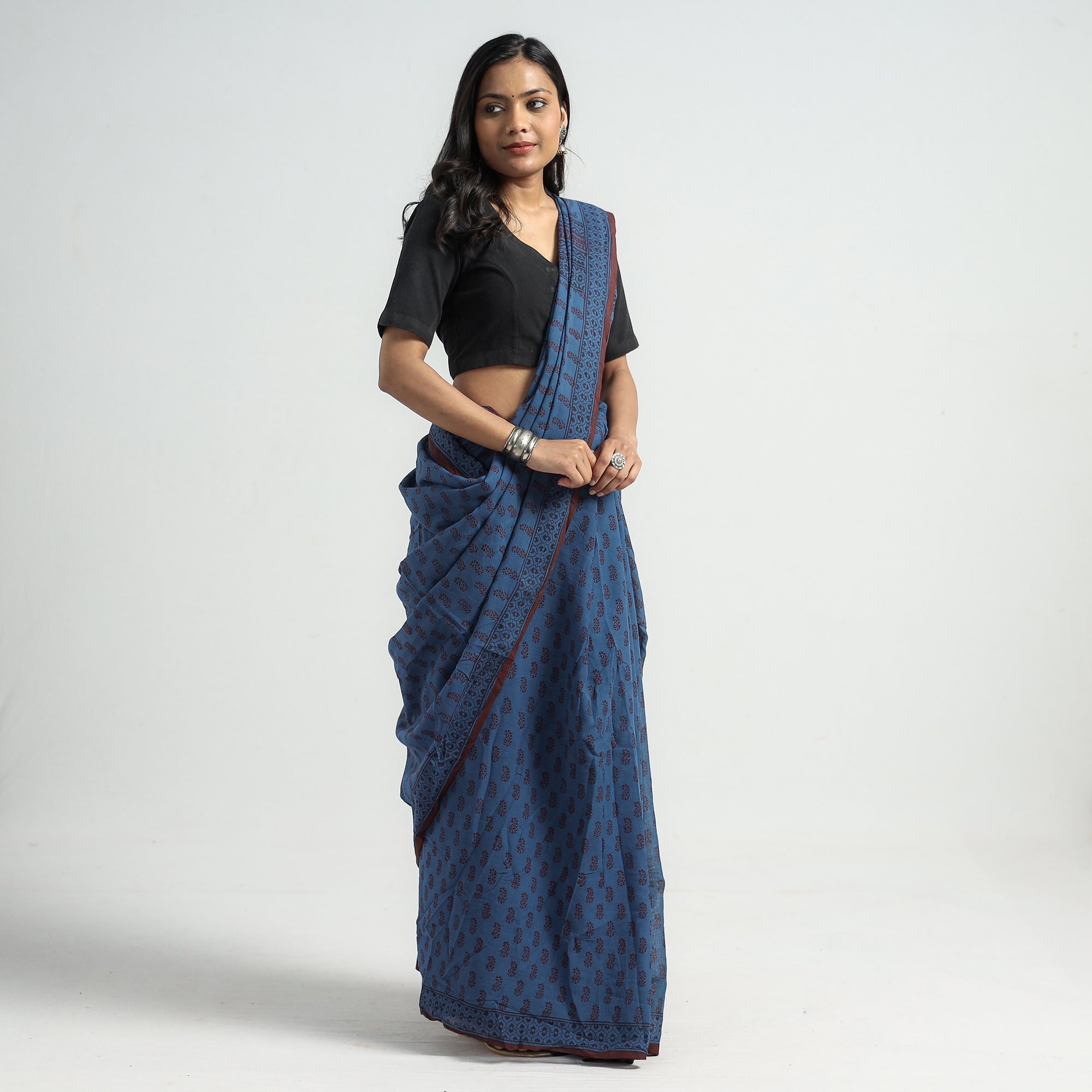 BAGH PRINTS BY YAKOOB KHATRI Blue - Bagh Hand Block Printed Cotton Saree - view 3