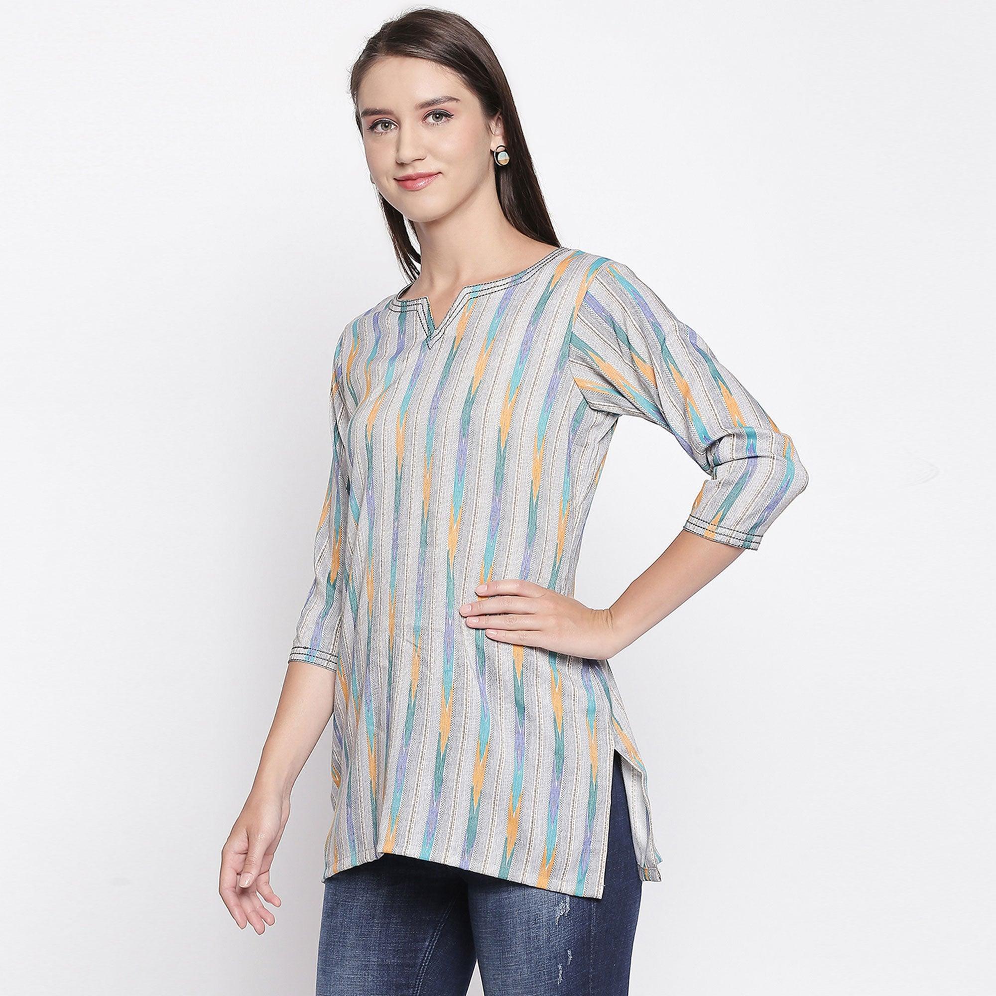 Peachmode Grey Printed Pure Cotton Top - view 4