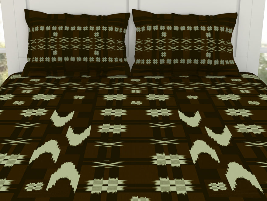 Spaces India Geometric Gothic Olive - Dark Brown 100% Cotton King Size Bedsheet - Ikkat By Spaces - view 4