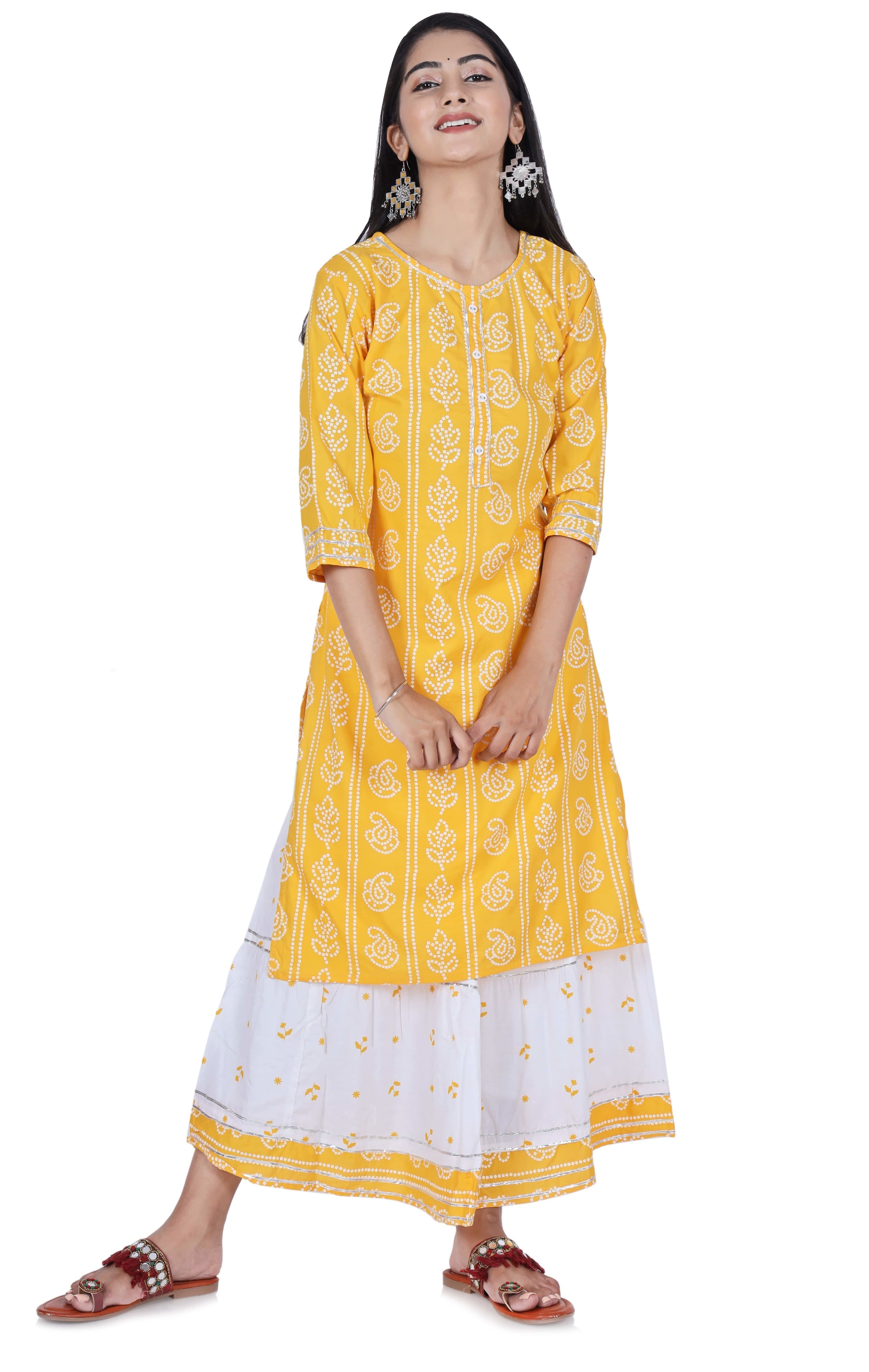 Fab Alchemy Yellow Printed Cotton Kurta and Skirt Set