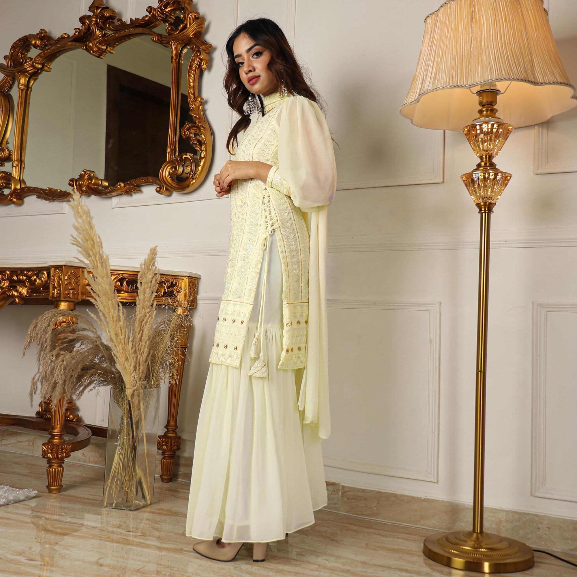 Peachmode Seller Cream Sequins Embroidered Georgette Sharara Suit - view 5