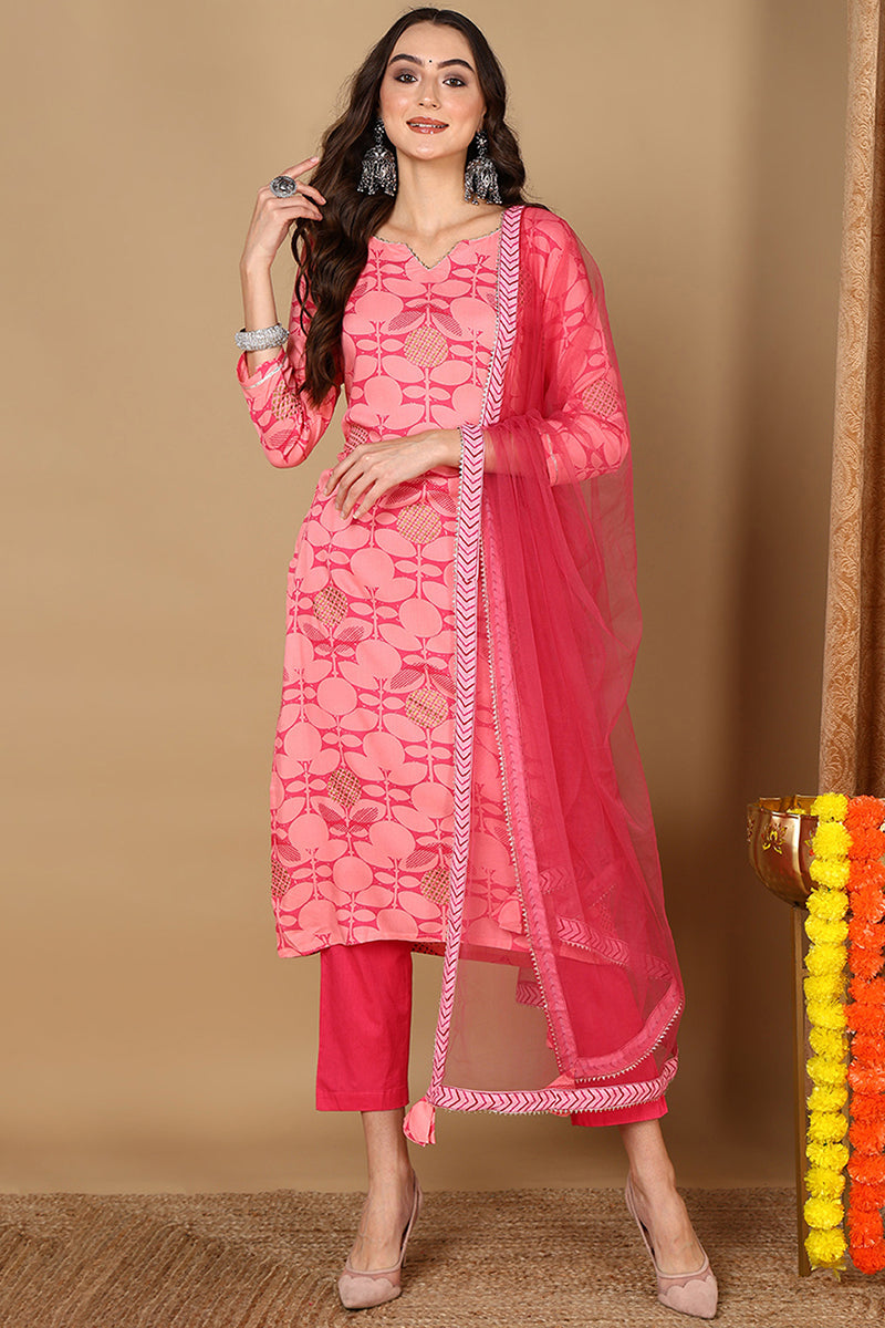 Ahika Plus Size Pink Viscose Rayon Geometric Printed Straight Suit Set VKSKD1990