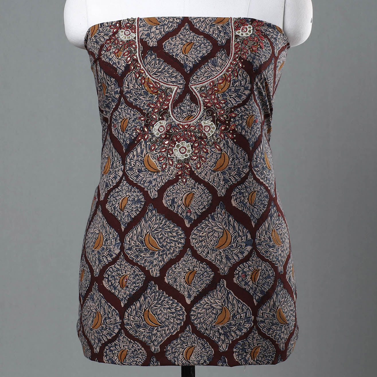 NOORI BAZAR Brown - Kalamkari Block Printed Kundan & Bead Work Hand Embroidery Cotton Kurta Material - 2.6 Meter - view 3