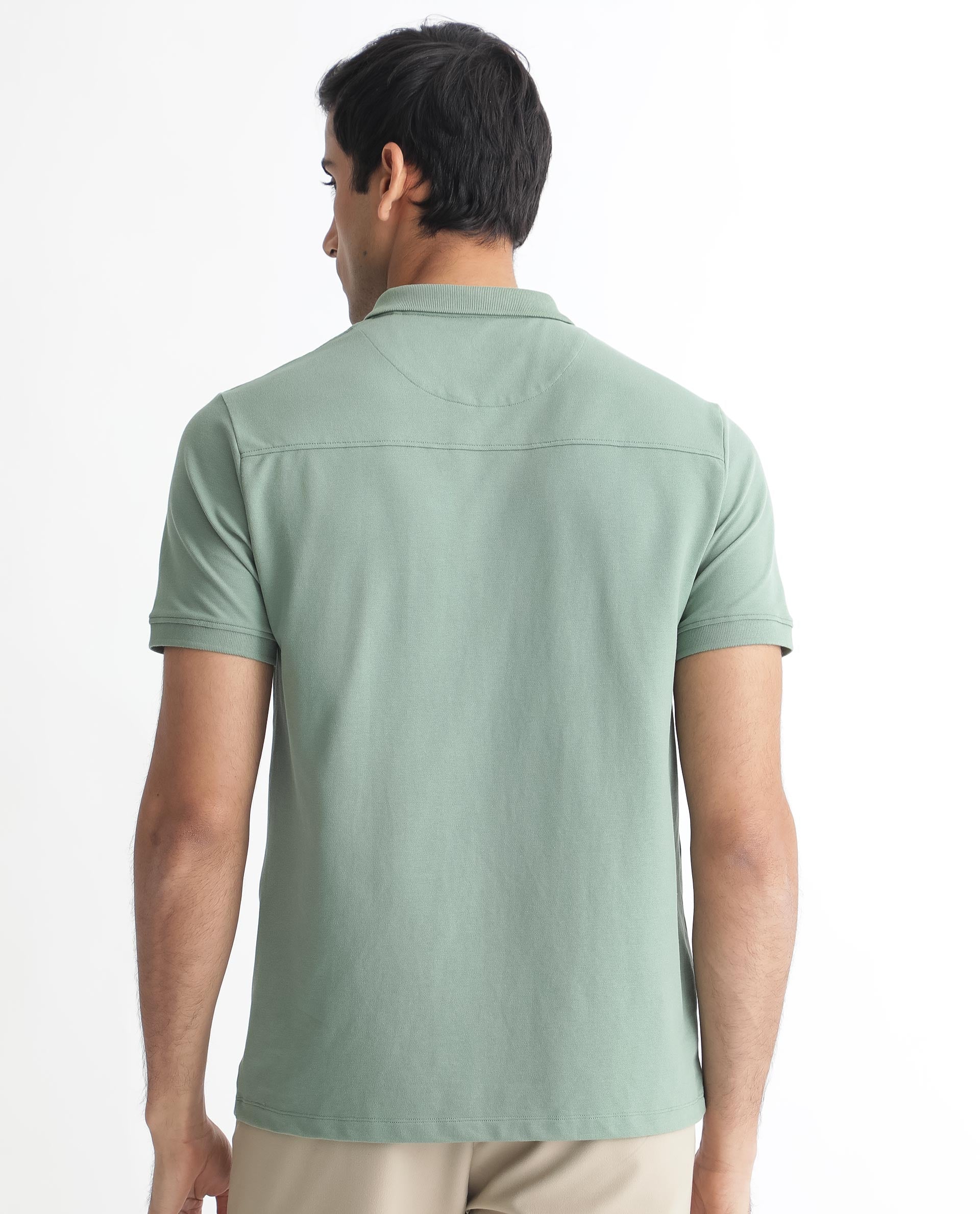 Rare Rabbit Men's Saliso Light Green Cotton Fabric Collared Neck Zipper and Snap Button Closure Half Sleeve Polo T-Shirt - view 6