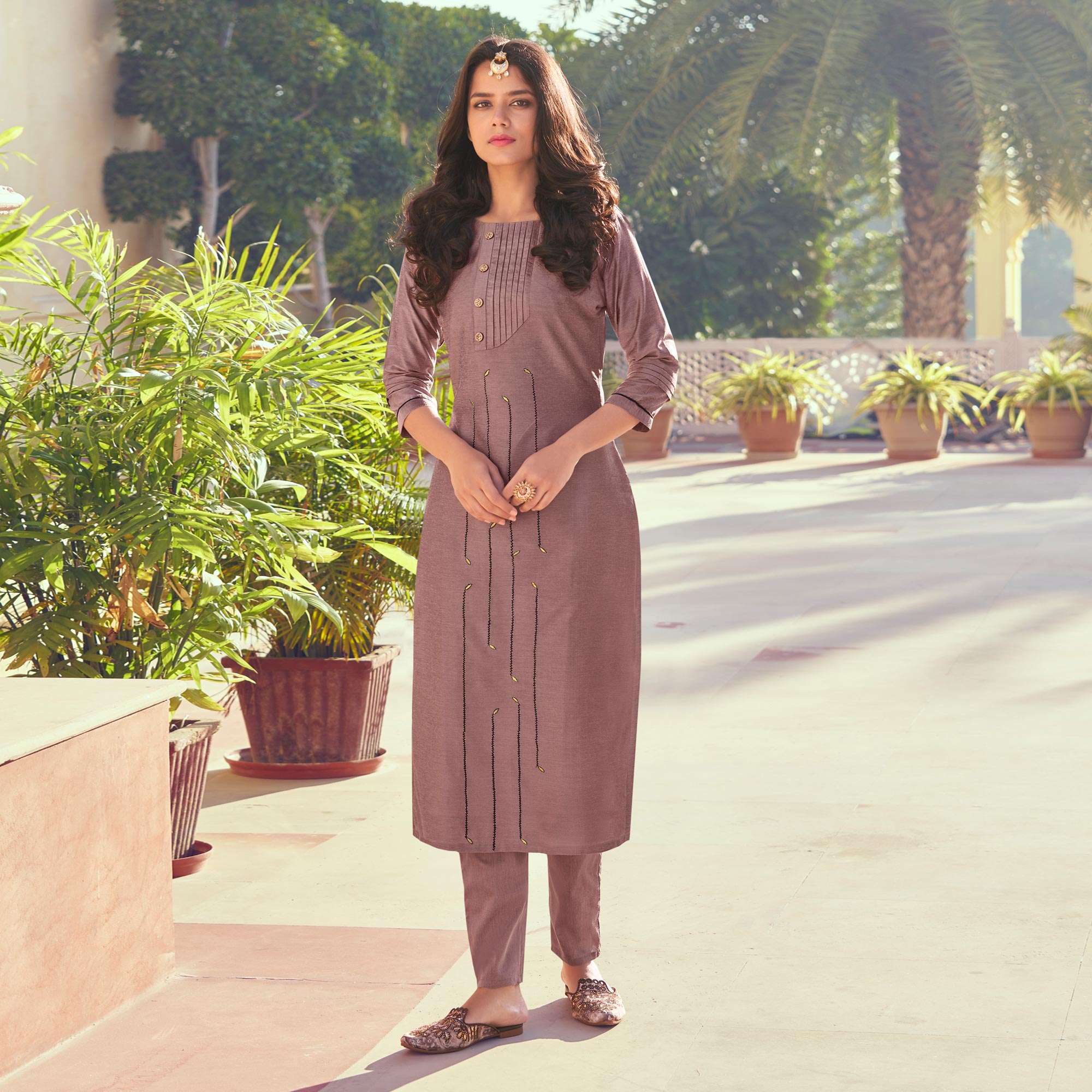 Peachmode Seller Mauve Embroidered Art Silk Kurti Pant Set - view 2