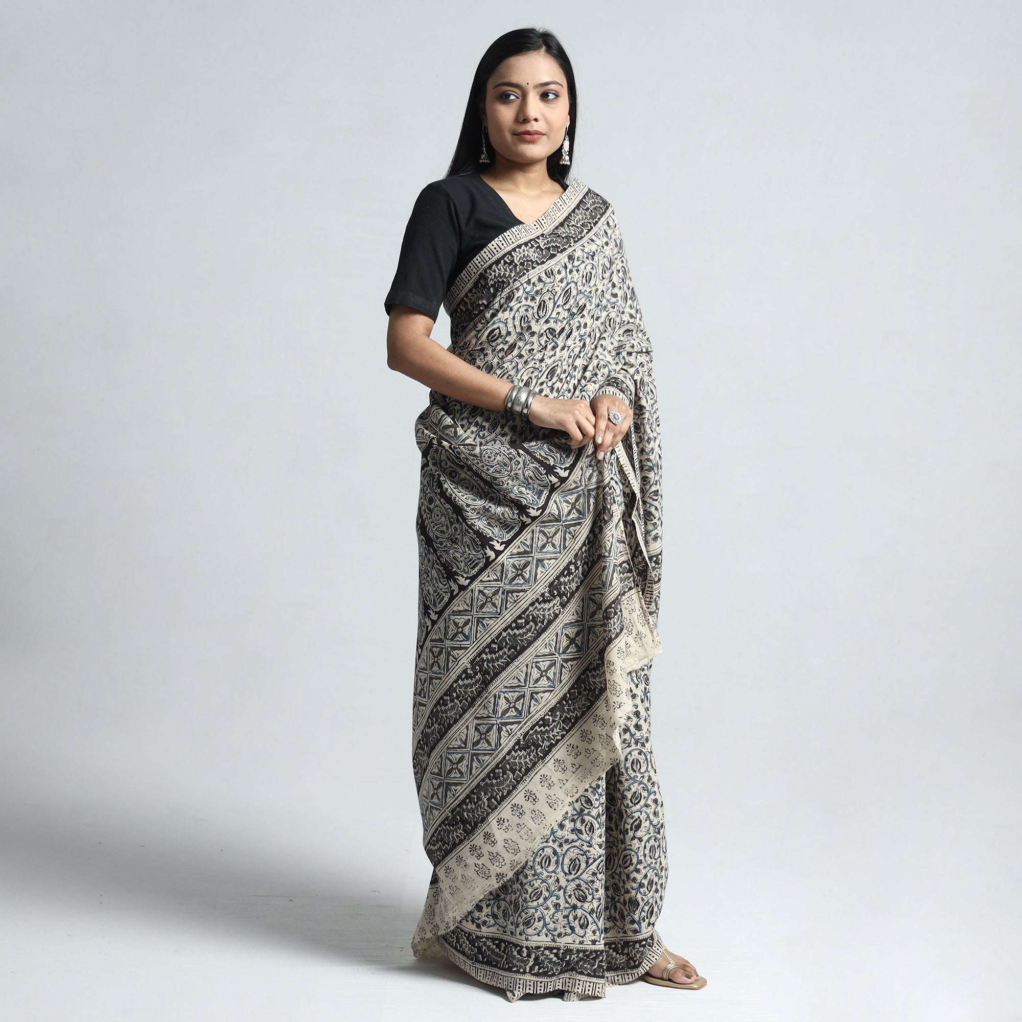 VENKATA BHANU KALAMKARI PEDANA Beige - Pedana Block Print Cotton Kalamkari Saree