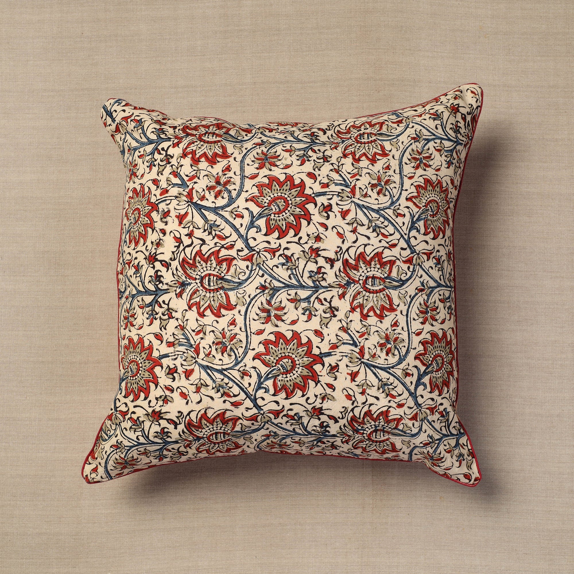 NOORI BAZAR Beige - Block Print Cotton Kalamkari Cushion Cover (16 x 16 in) 02