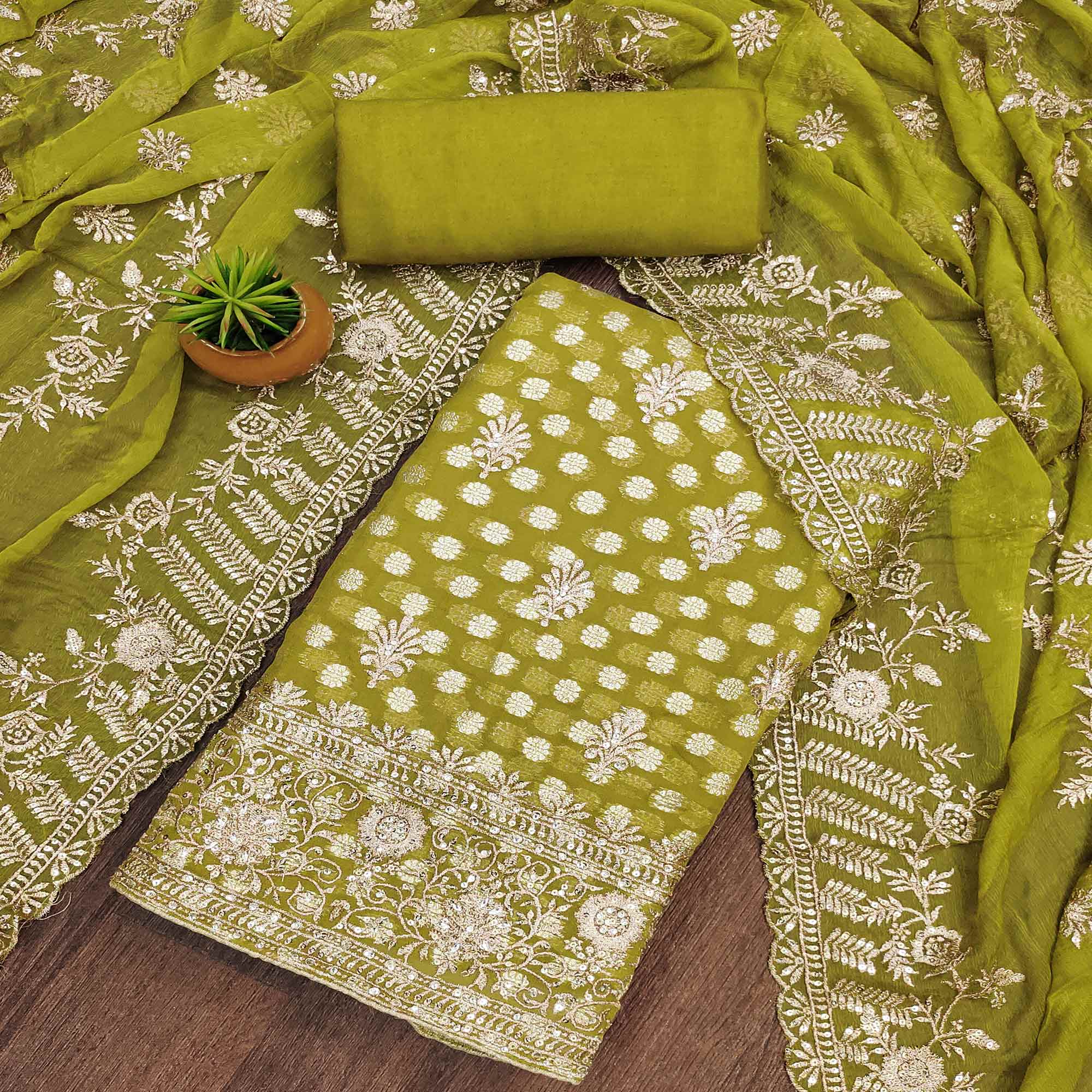Peachmode Mehendi Green Floral Embroidered With Woven Georgette Dress Material