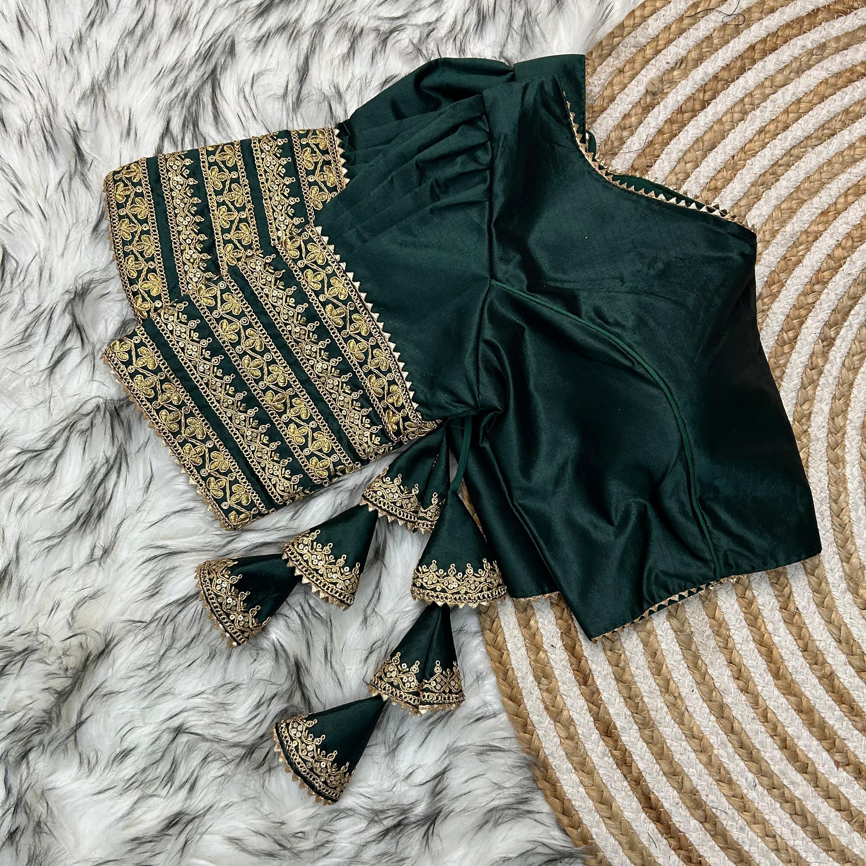 ClothsVilla Dark Green Kilmora Silk Blouse with Handcrafted Embroidery and Sequence Accents - view 4