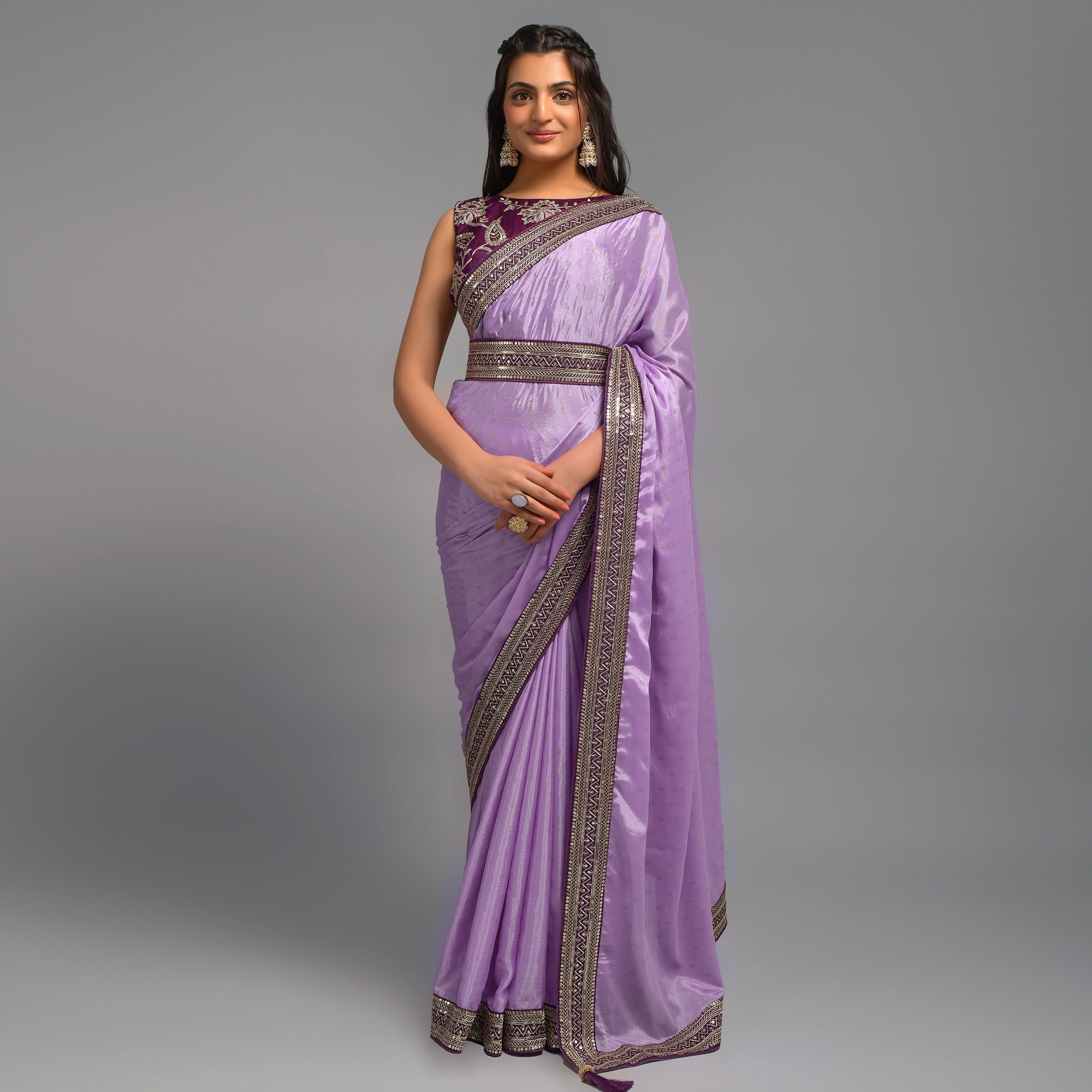 Peachmode Light Purple Foil Printed With Embroidered Border Chinon Saree - view 2