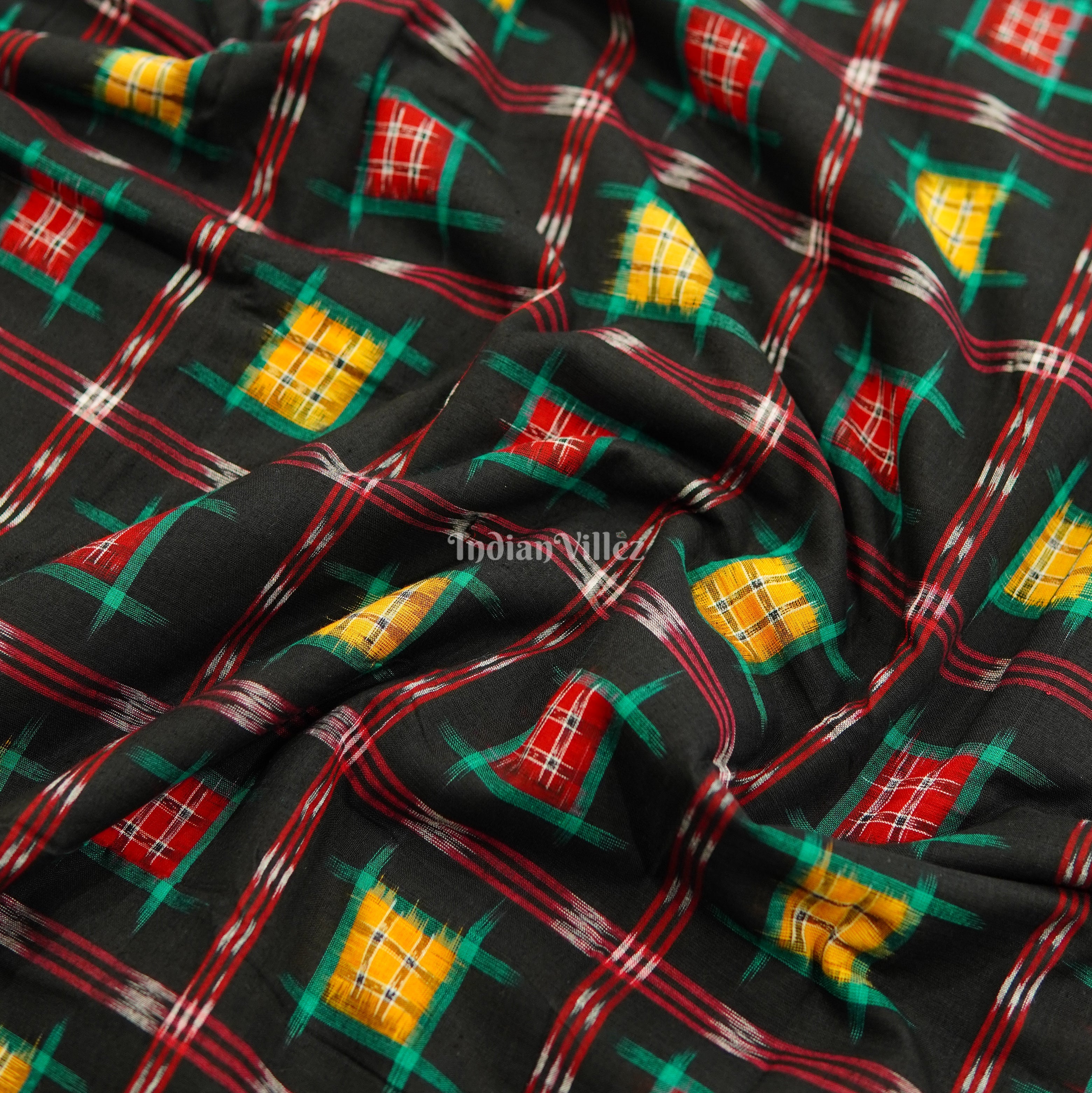 IndianVillèz Black Pasapalli Motif Sambalpuri Ikat Cotton Fabric