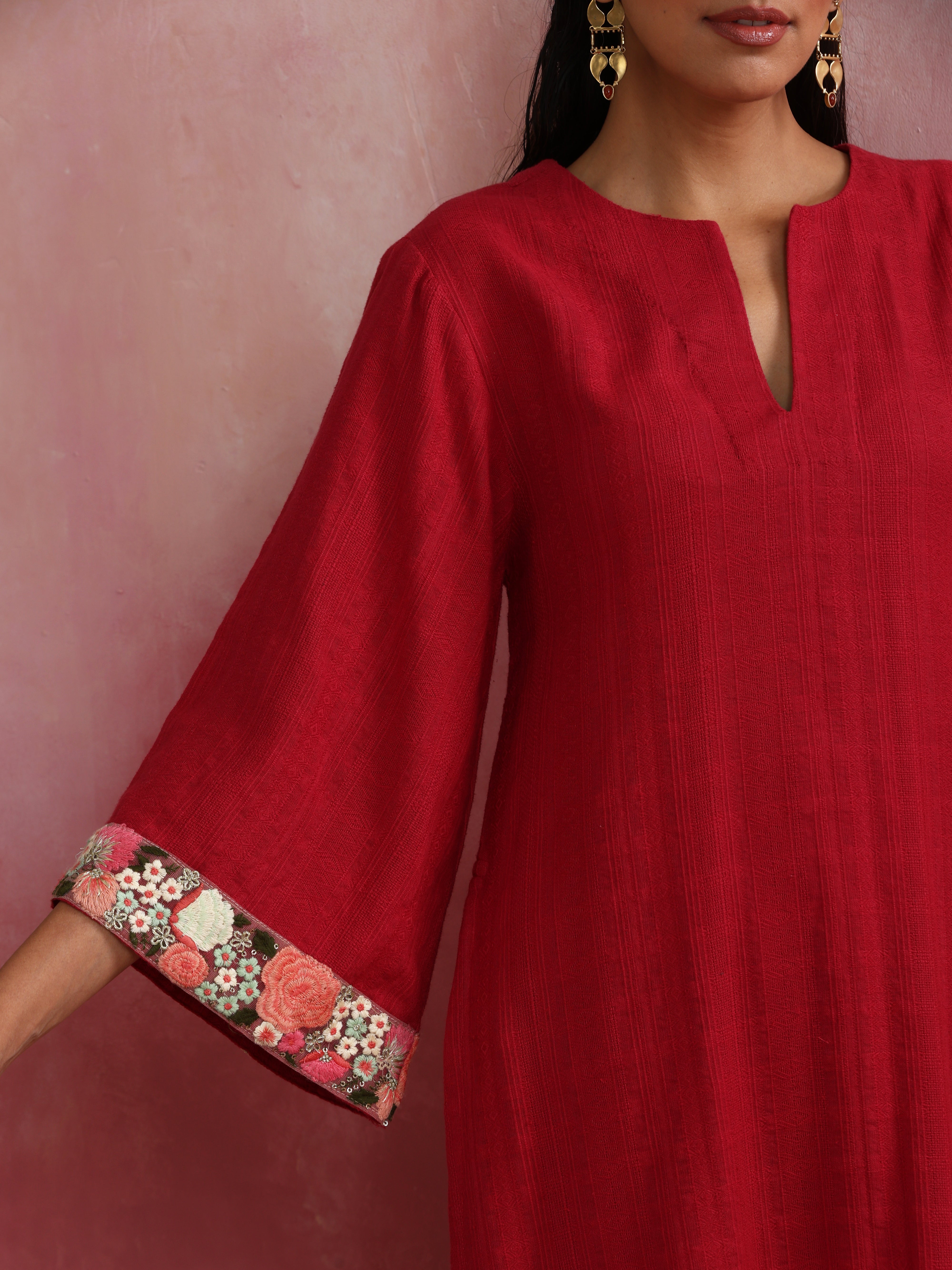 trueBrowns Red Straight Cotton Dobby Kurta Set - view 6