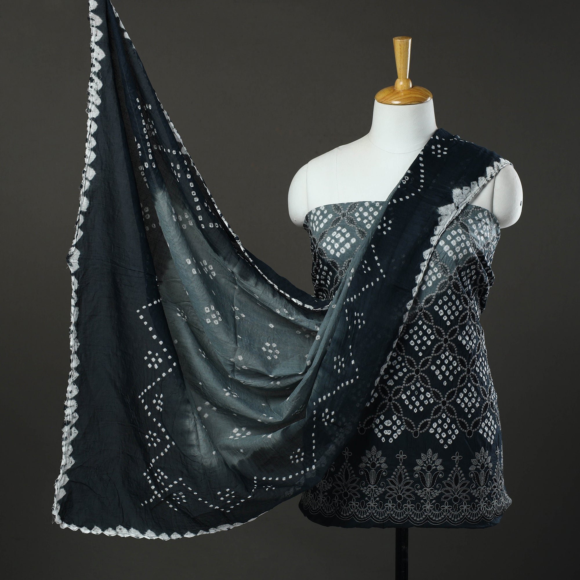KACHCHH JI CHHAAP Black - 3pc Tie & Dye Satin Cotton Bandhani Dress Material 72