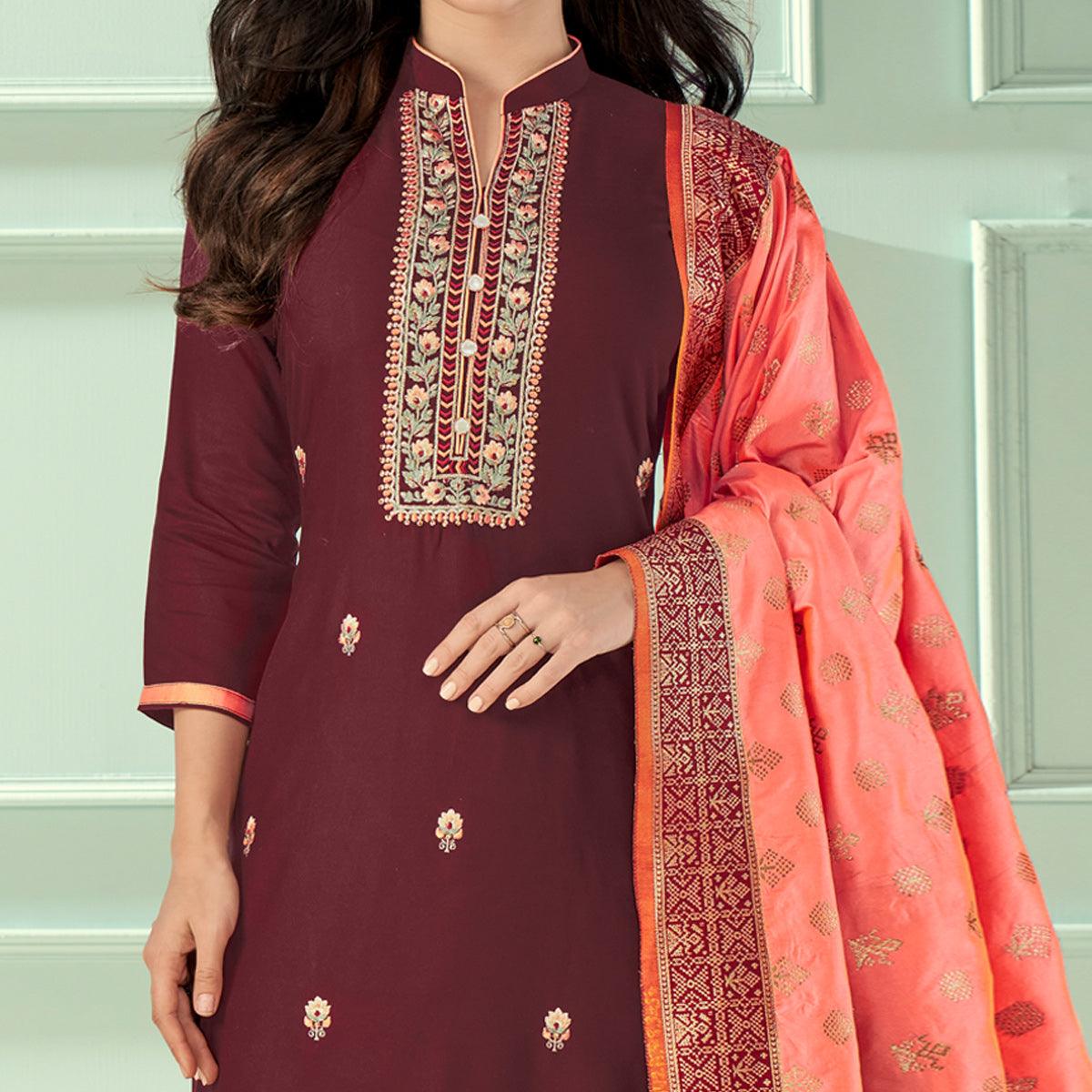 Peachmode Seller Maroon Floral Embroidered Rayon Partywear Suit - view 2