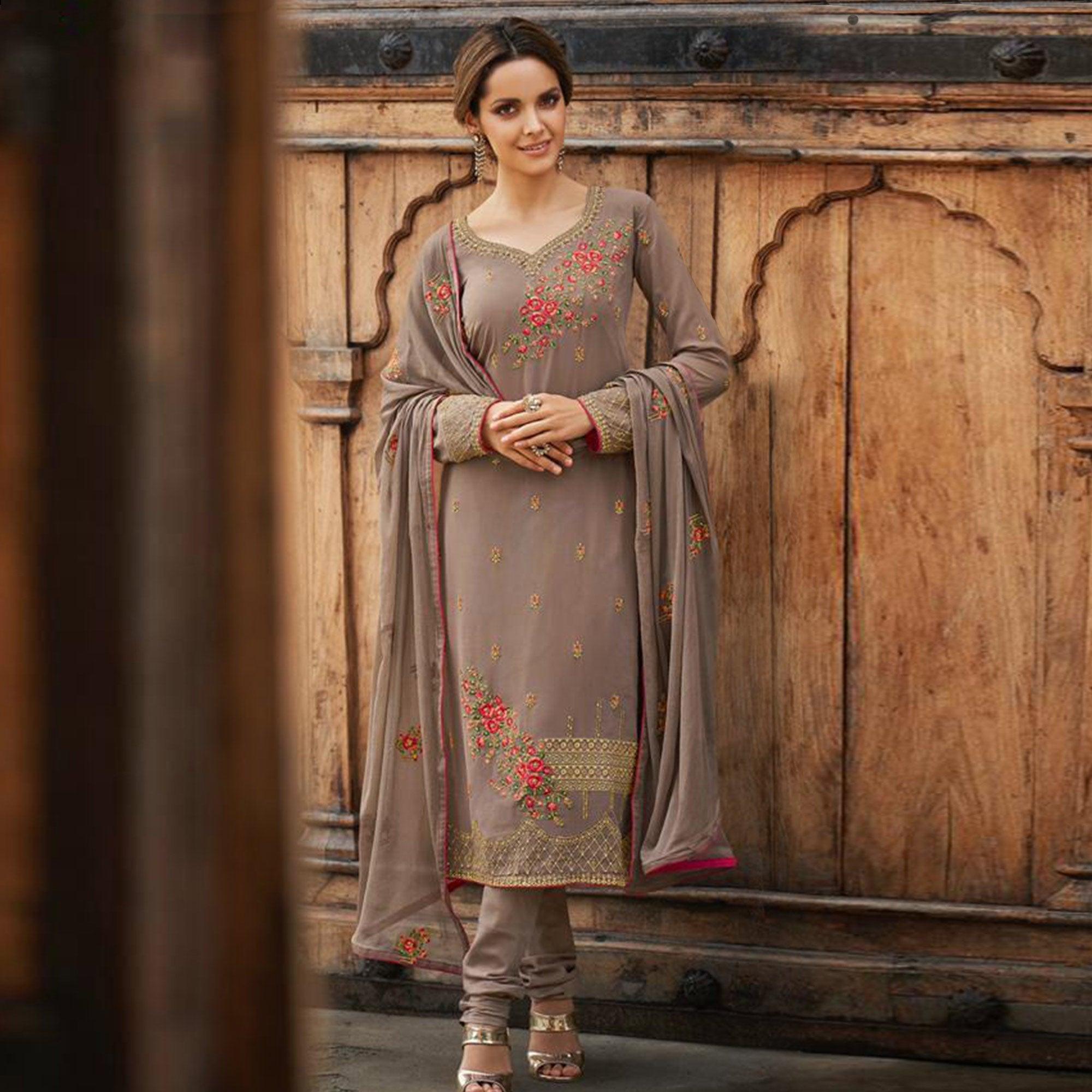 Peachmode Flattering Beige Colored Partywear Embroidered Faux georgette Salwar Suit