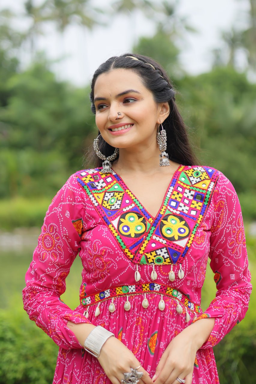 ClothsVilla Magenta Elegant Bandhani Print Gown with Kutchi Patchwork in Faux Georgette - view 5