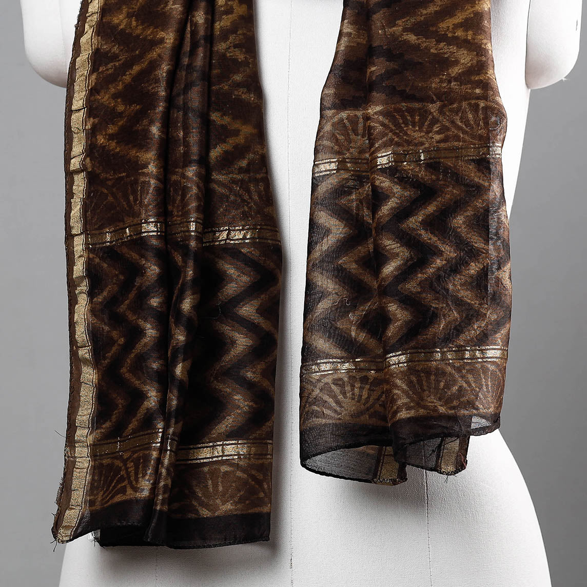 BAGRU DABU PRINTS Brown - Bagru Block Printed Chanderi Silk Handloom Stole with Zari Border - view 2