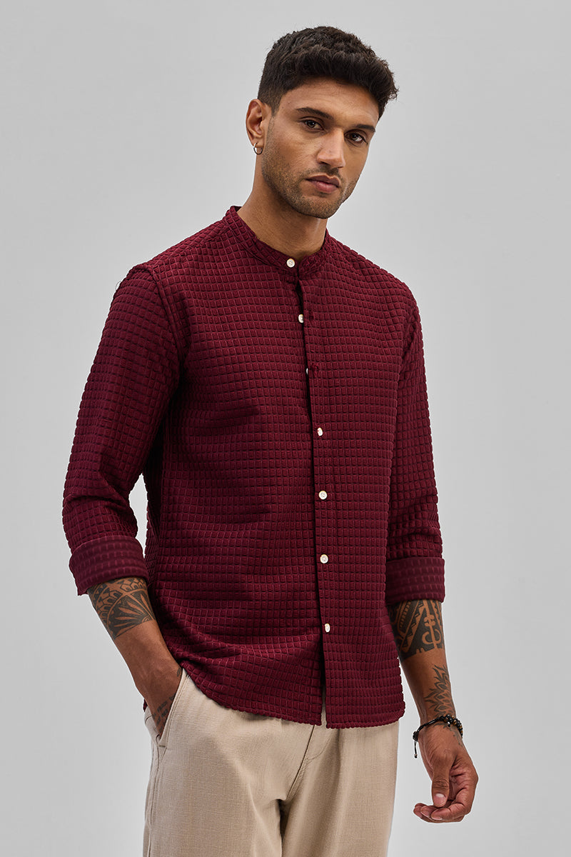 SNITCH Maroon Textured Mandarin Shirt - view 6