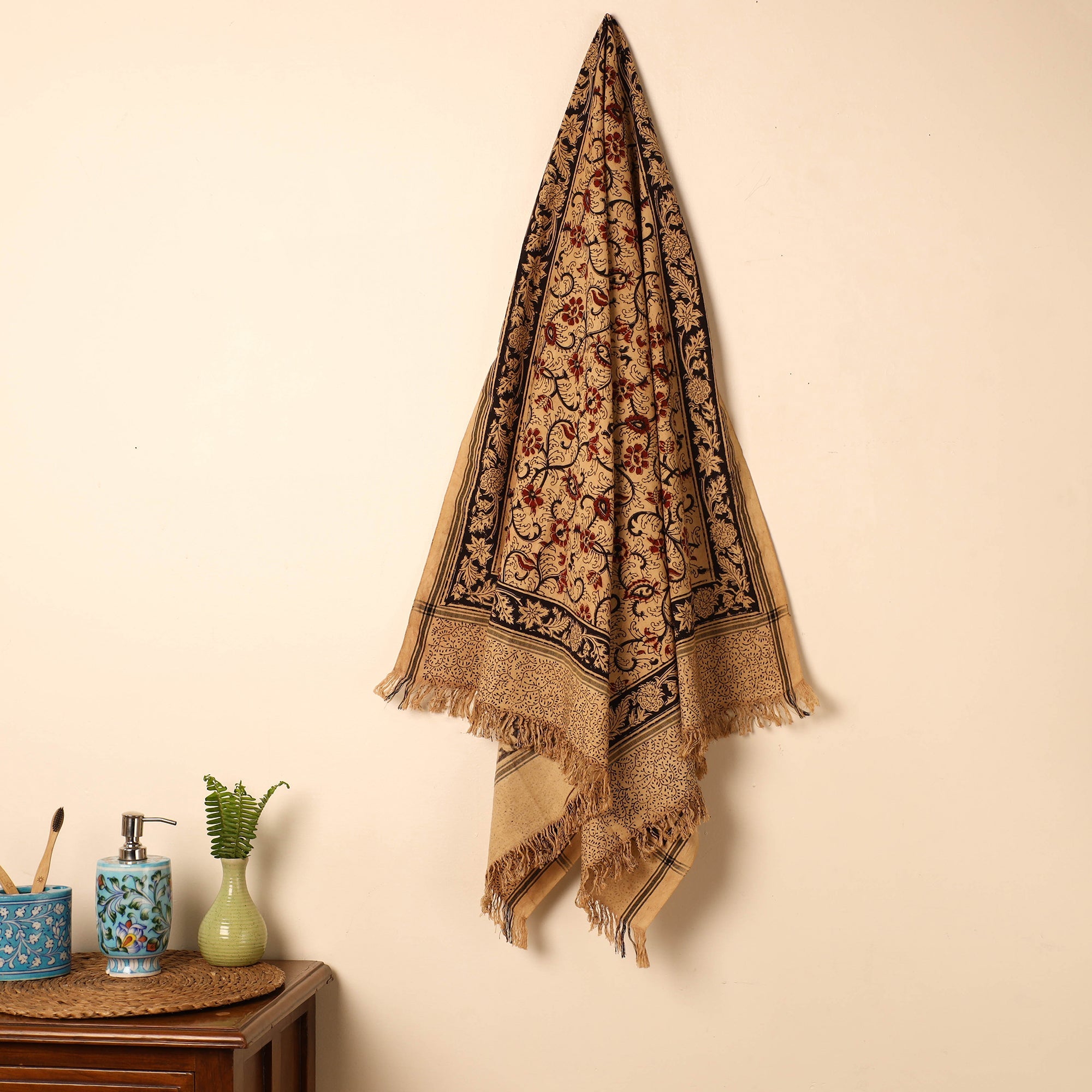 PITCHUKA SRINIVAS KALAMKARI PEDANA Beige - Handloom Cotton Block Printed Pedana Kalamkari Towel 02