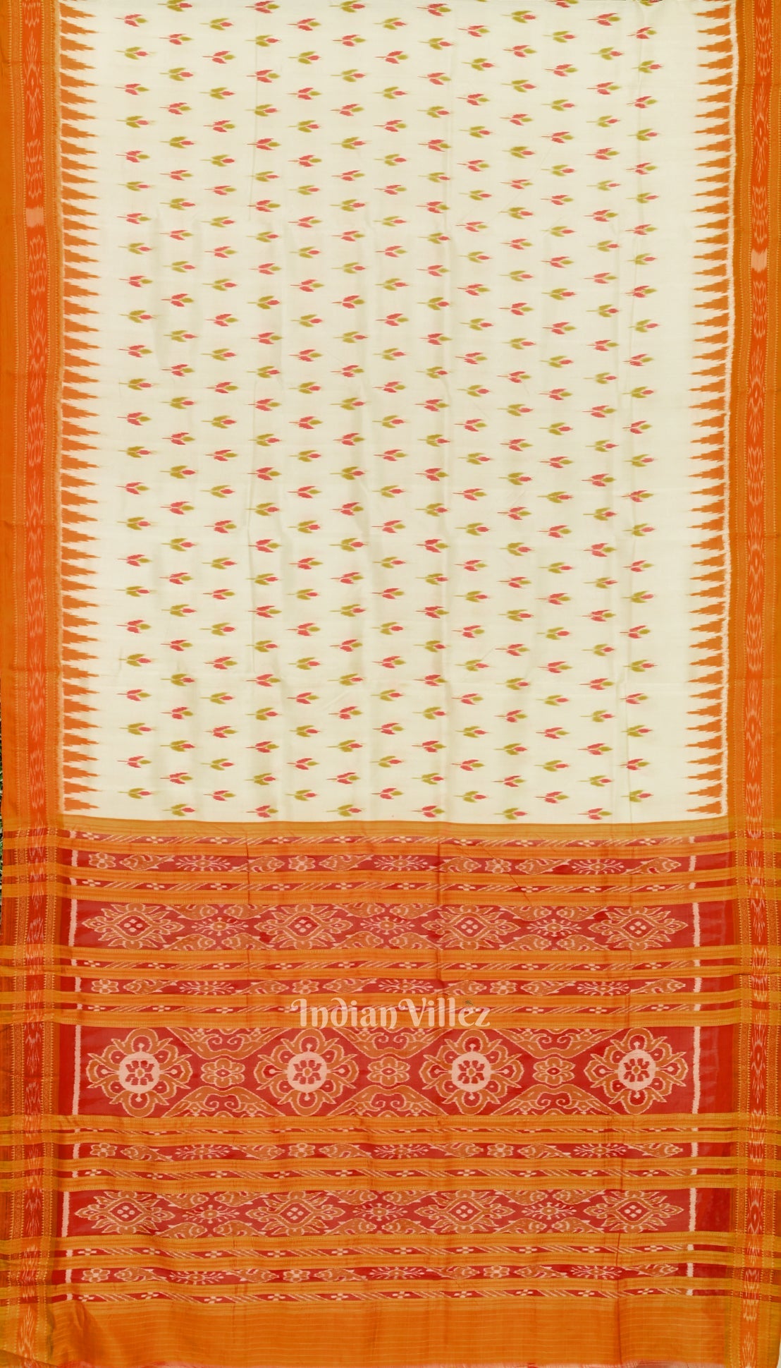 IndianVillèz Off White Orange Mayur Chandrika Odisha Ikat Khandua Silk Saree