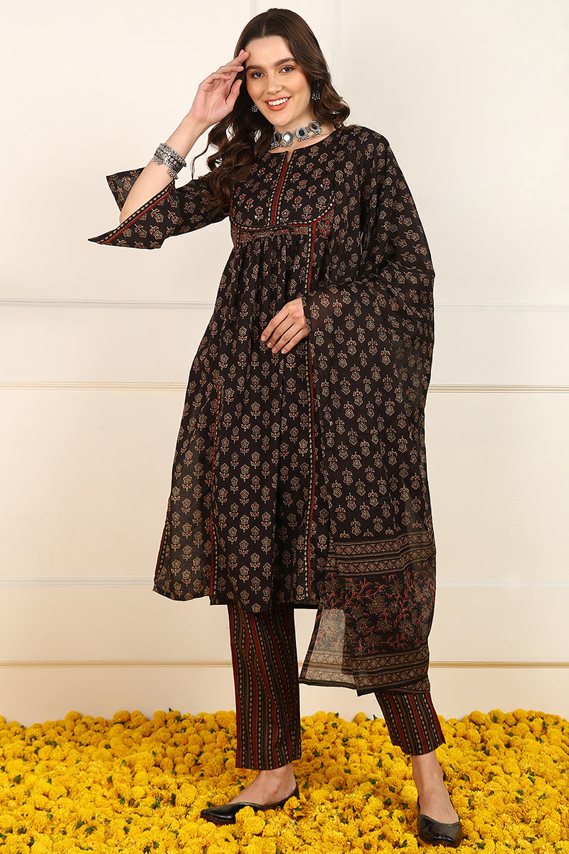 Ahika Brown Cotton Floral Printed Straight Suit Set JPSKD1008BRN