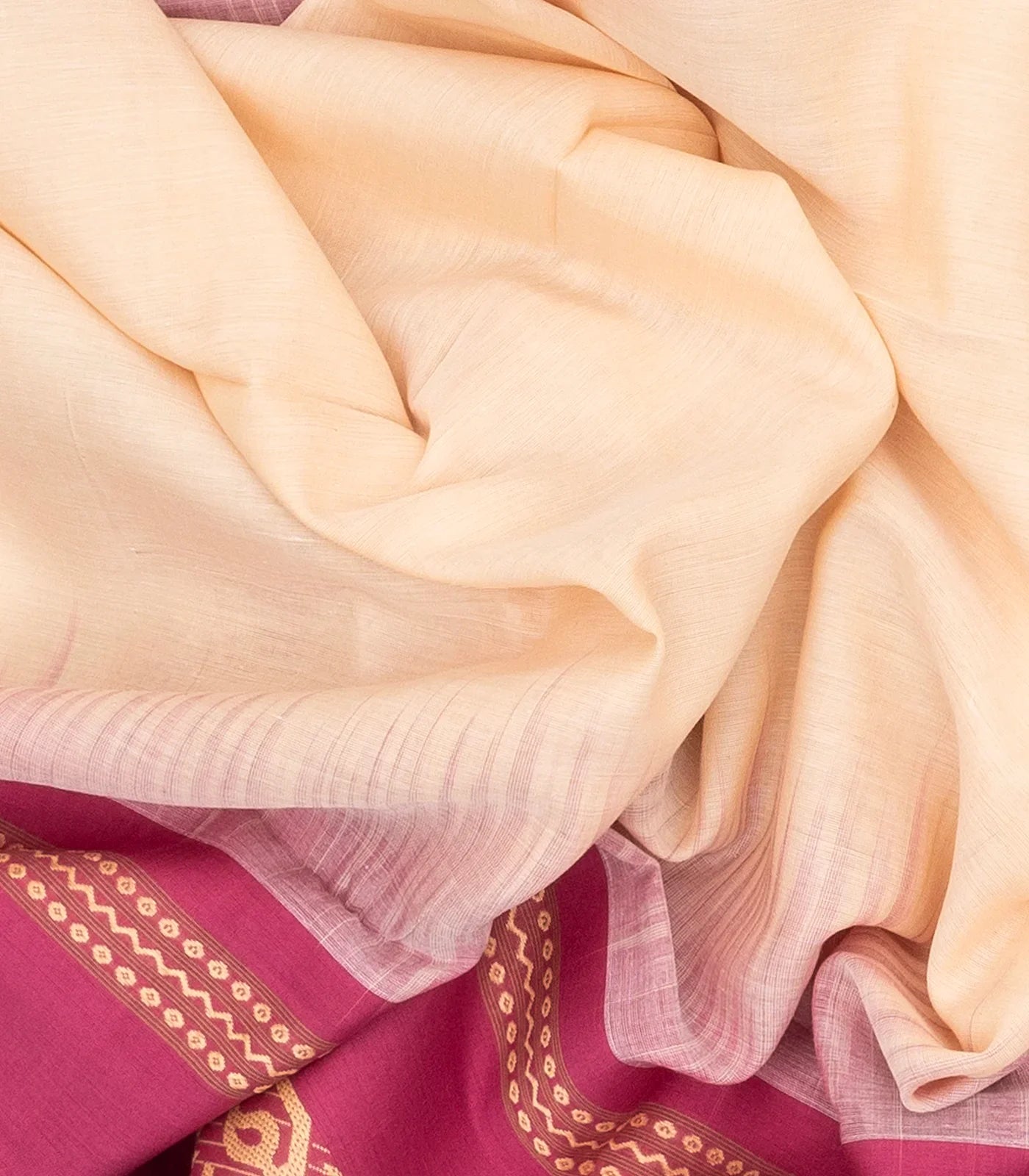 RmKV Cream Handloom Bengal Cotton Saree With Contrast Pink Border - view 3