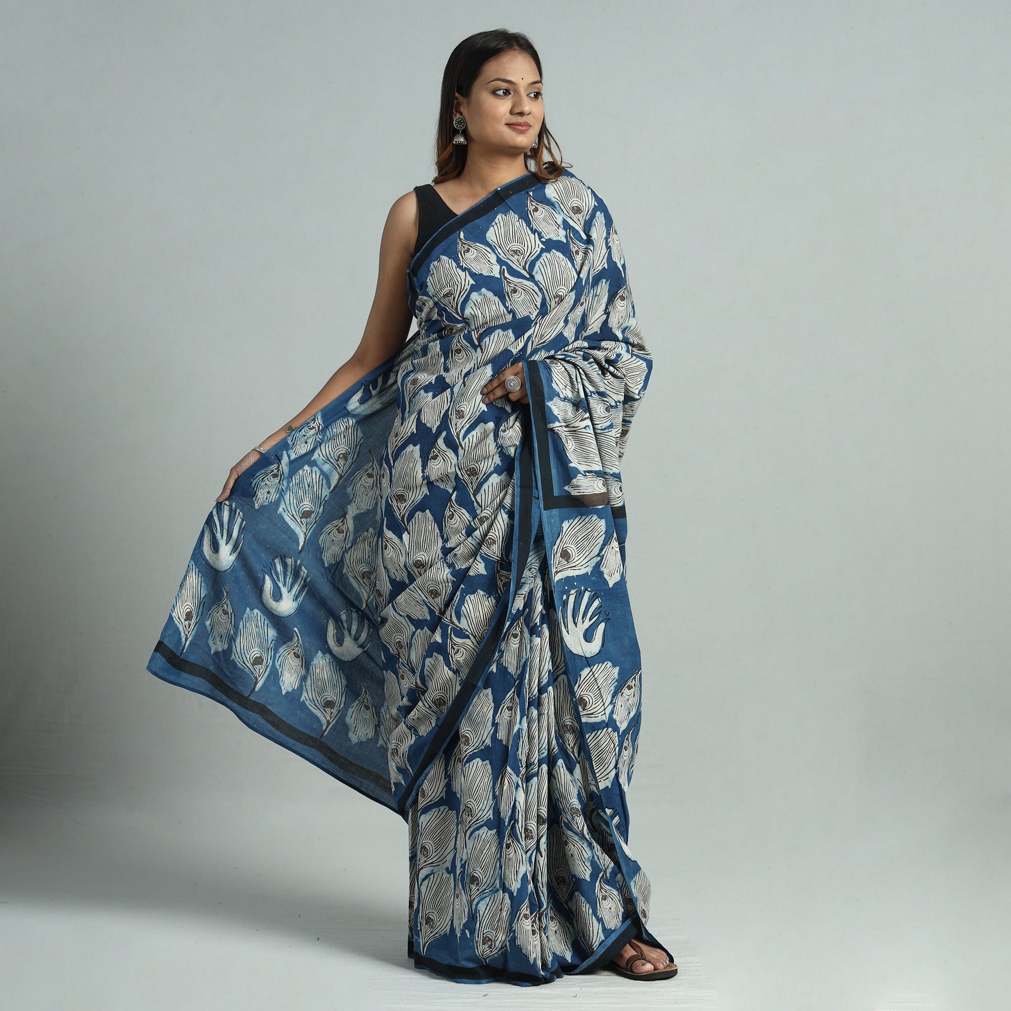 BINDAAS UNLIMITED Blue - Bindaas Art Block Printed Natural Dyed Cotton Saree 04 - view 2