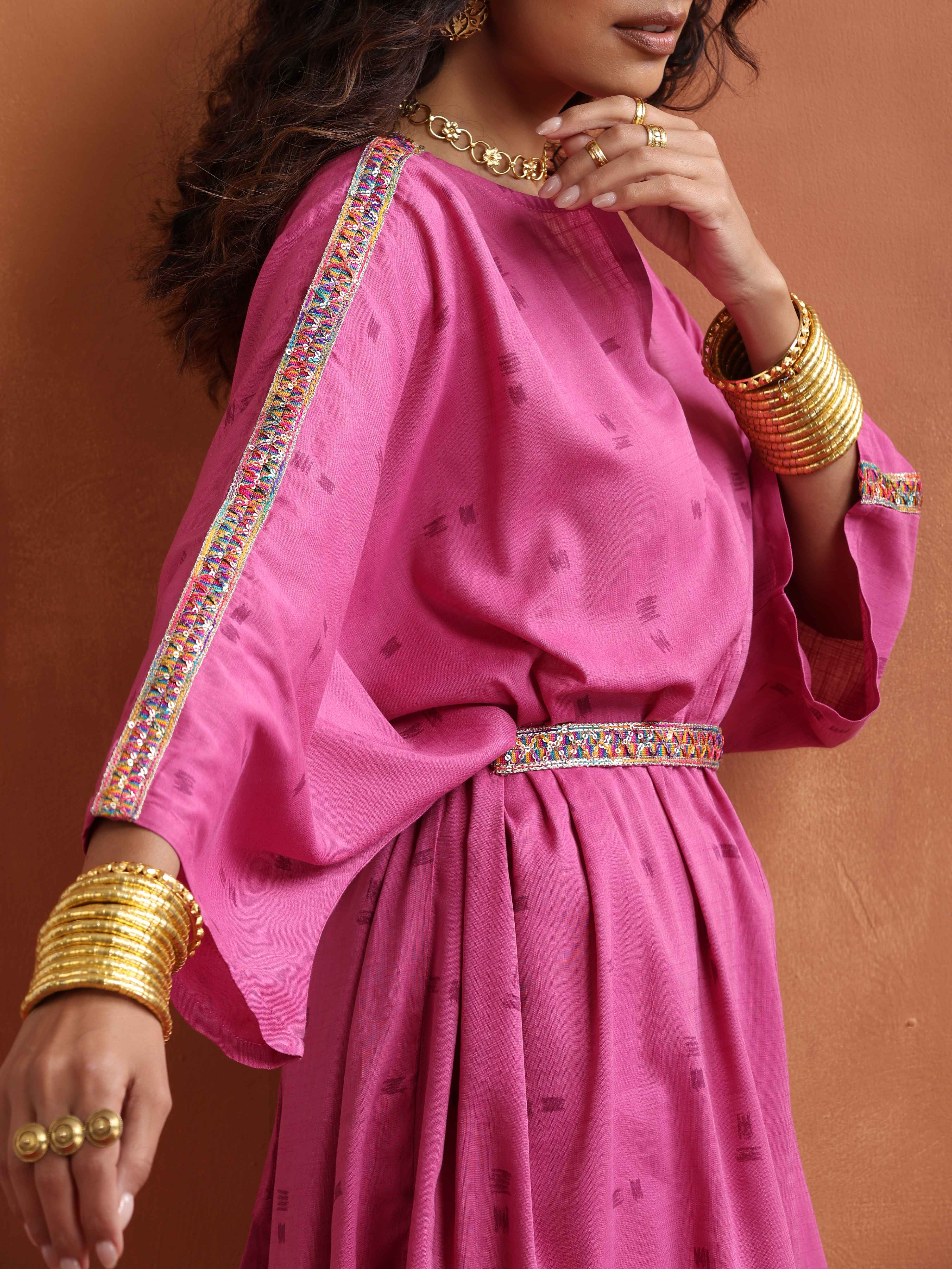 trueBrowns Pink Print Kaftan Kurta Co-ord Set - view 7