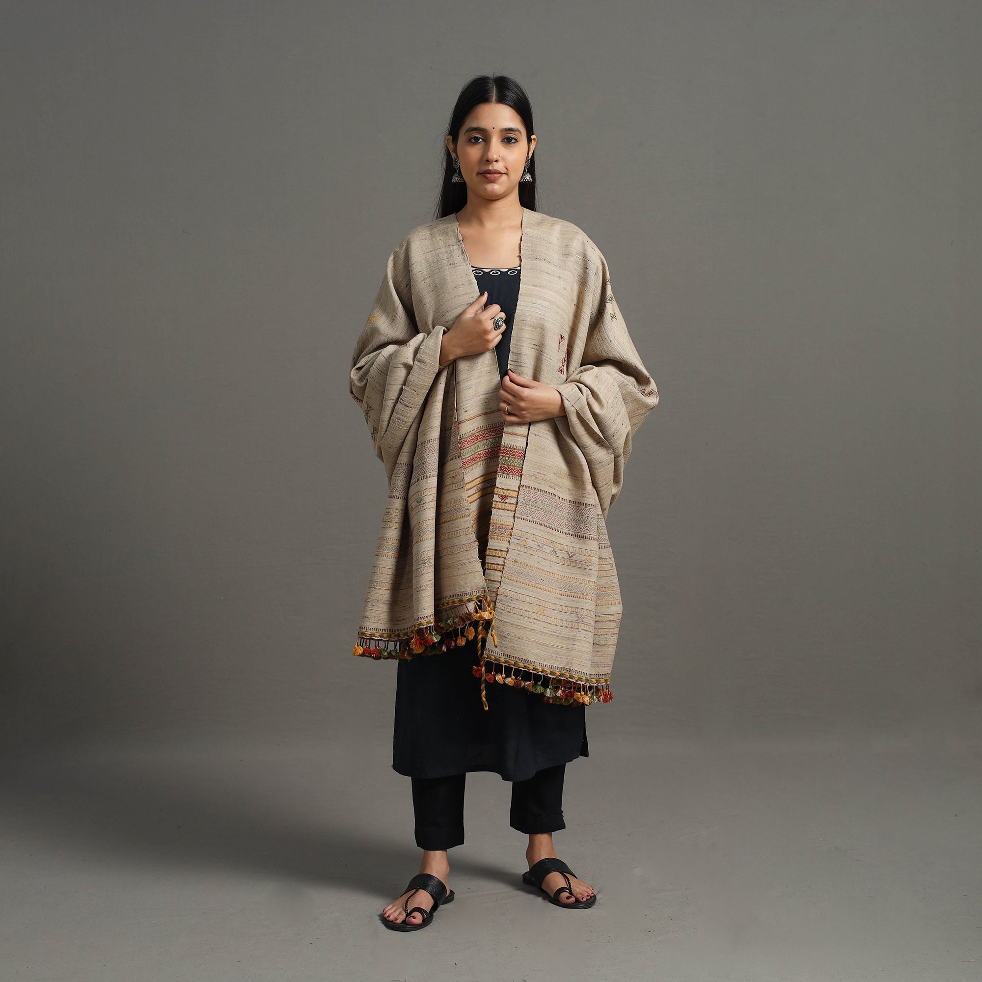 VANKAR BHIMJI KANJI Brown - Kutch Embroidery Handwoven Silk x Woolen Shawl 35