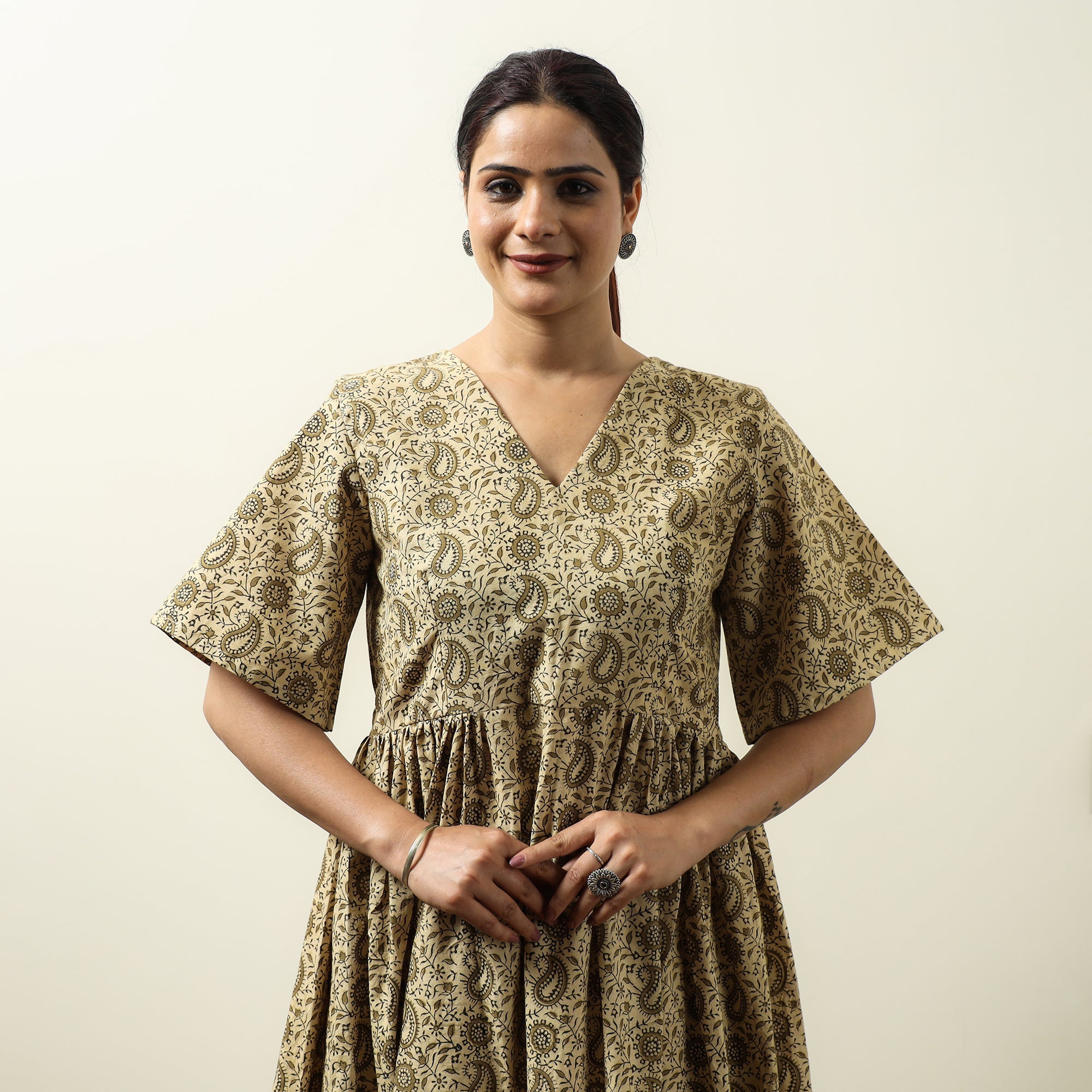 ITOKRI CASUALS Beige - Kalamkari Block Printed Cotton Flared Gher Dress 03