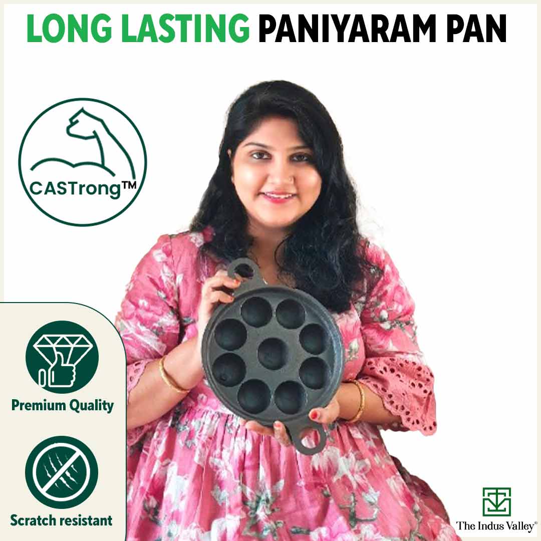 The Indus Valley Super Smooth 9 Pit/Cup Cast Iron Paniyaram/Appe Pan+ Free Spatula, Pre-seasoned, Natural Nonstick, 100% Pure, Toxin-free, 21 cm, 2.8k - view 10