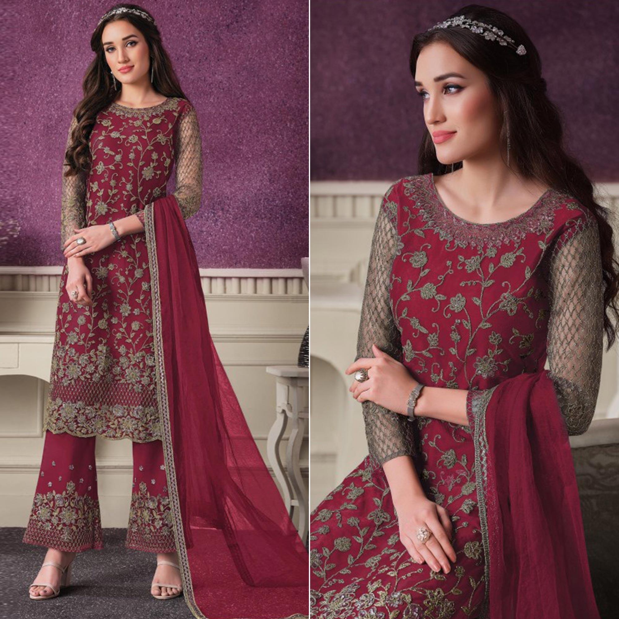 Peachmode Maroon Party Wear Embroidered Netted Palazzo Suit