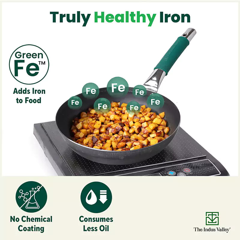 The Indus Valley 100% Pure Iron Cookware Set: Tawa 26 cm + Fry Pan 25 cm + Kadai 25 cm, Toxin-free Sheet Iron, Pre-seasoned, Kitchen Set for Home - view 8
