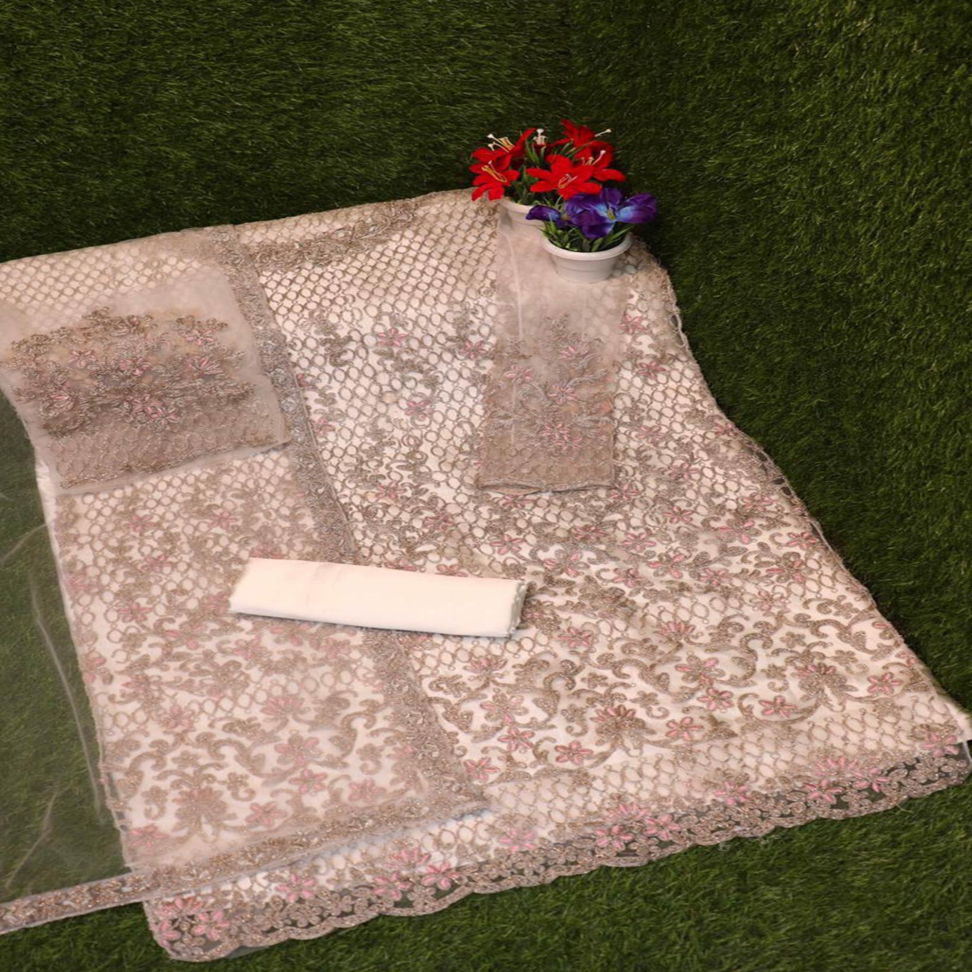 Peachmode Cream Floral Embroidered Work Net Pakistani Suit - view 2