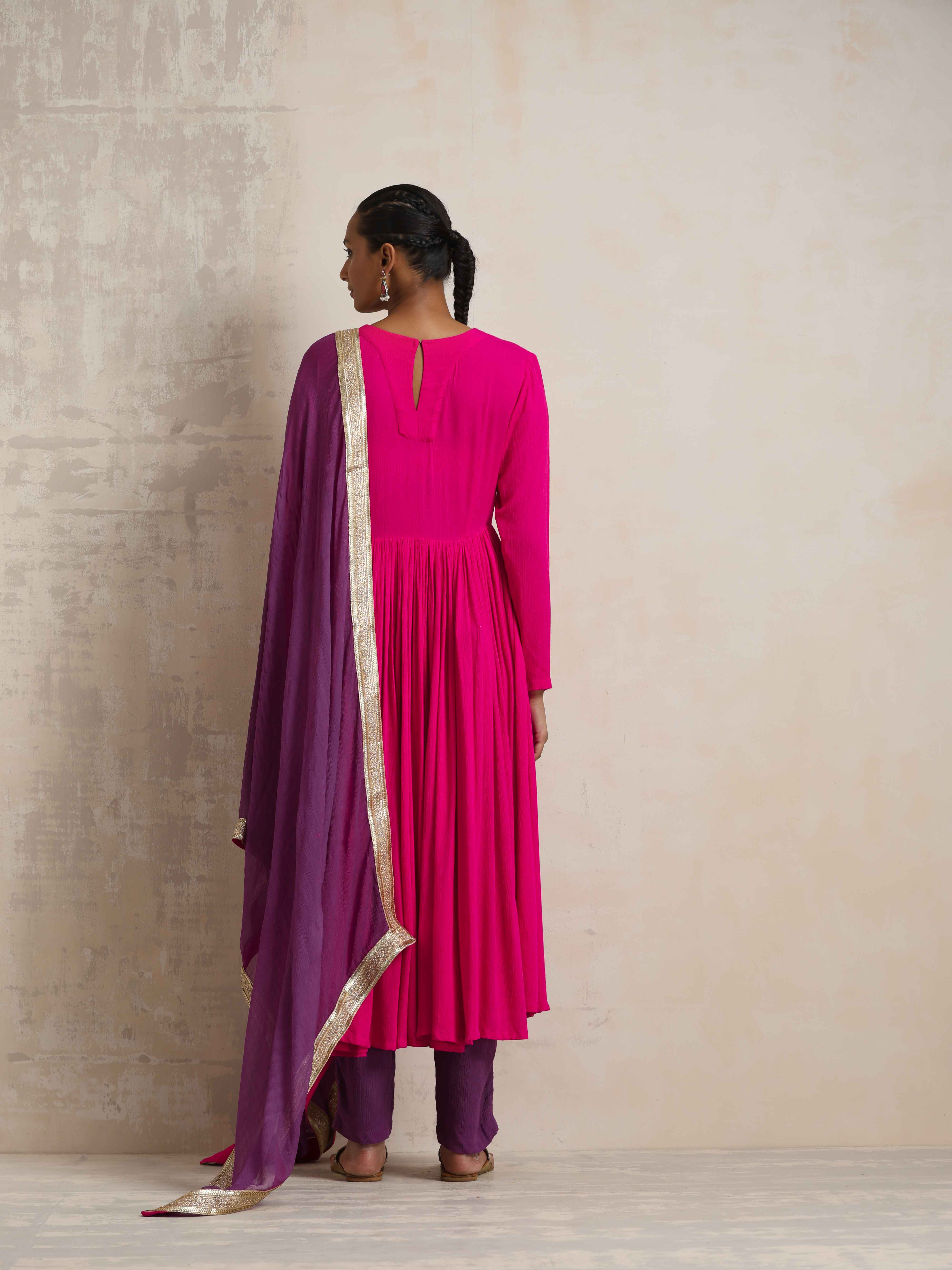 trueBrowns Pink Crinkle Anarkali Kurta Pant Dupatta Set - view 8