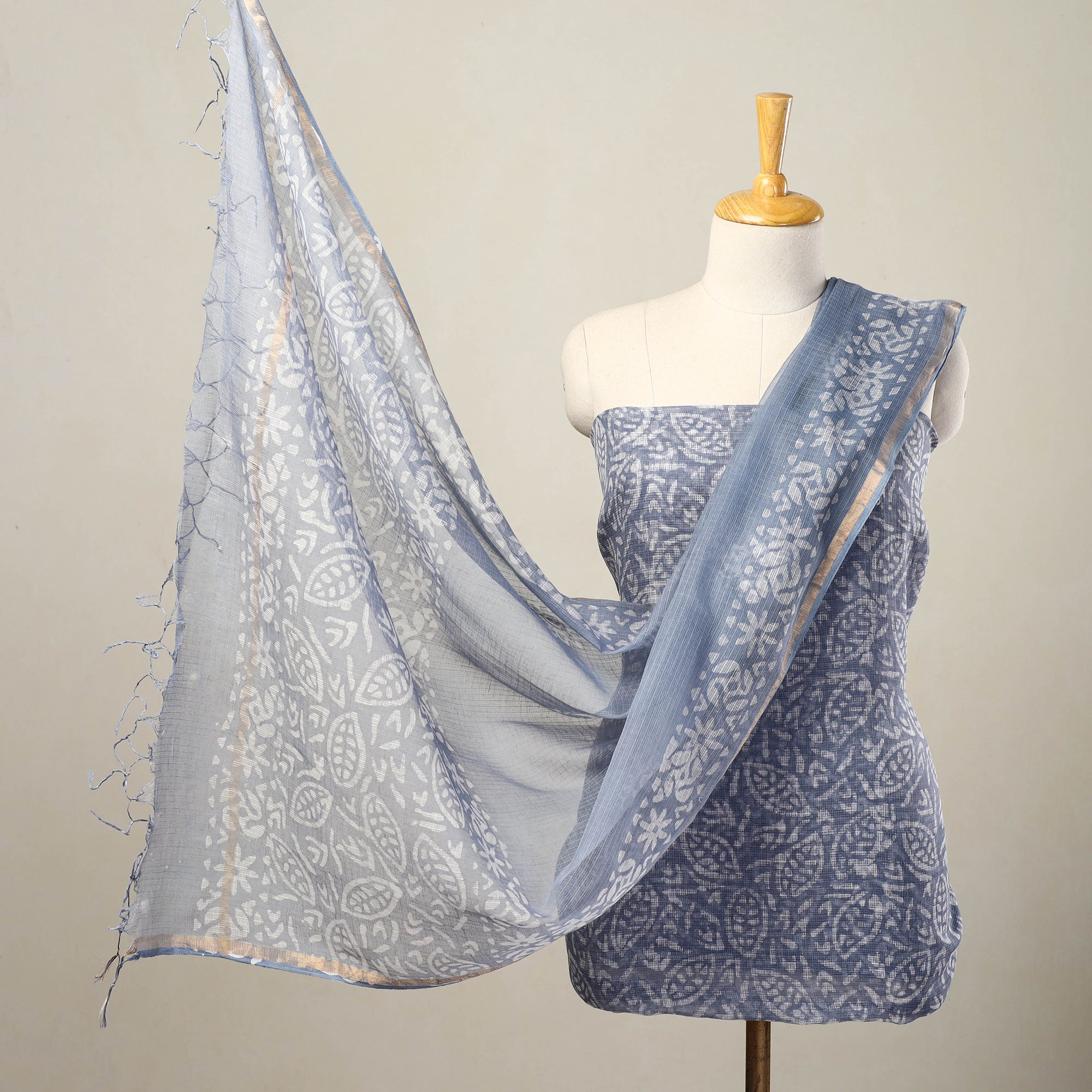 ARTISAN HAND BLOCK PRINTS Blue - 3pc Block Print Kota Cotton Batik Dress Material 07