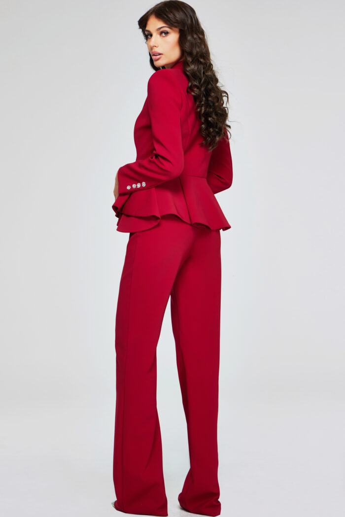 Jovani 39374 Long Pleated Formal Jumpsuit – Cranberry - view 4
