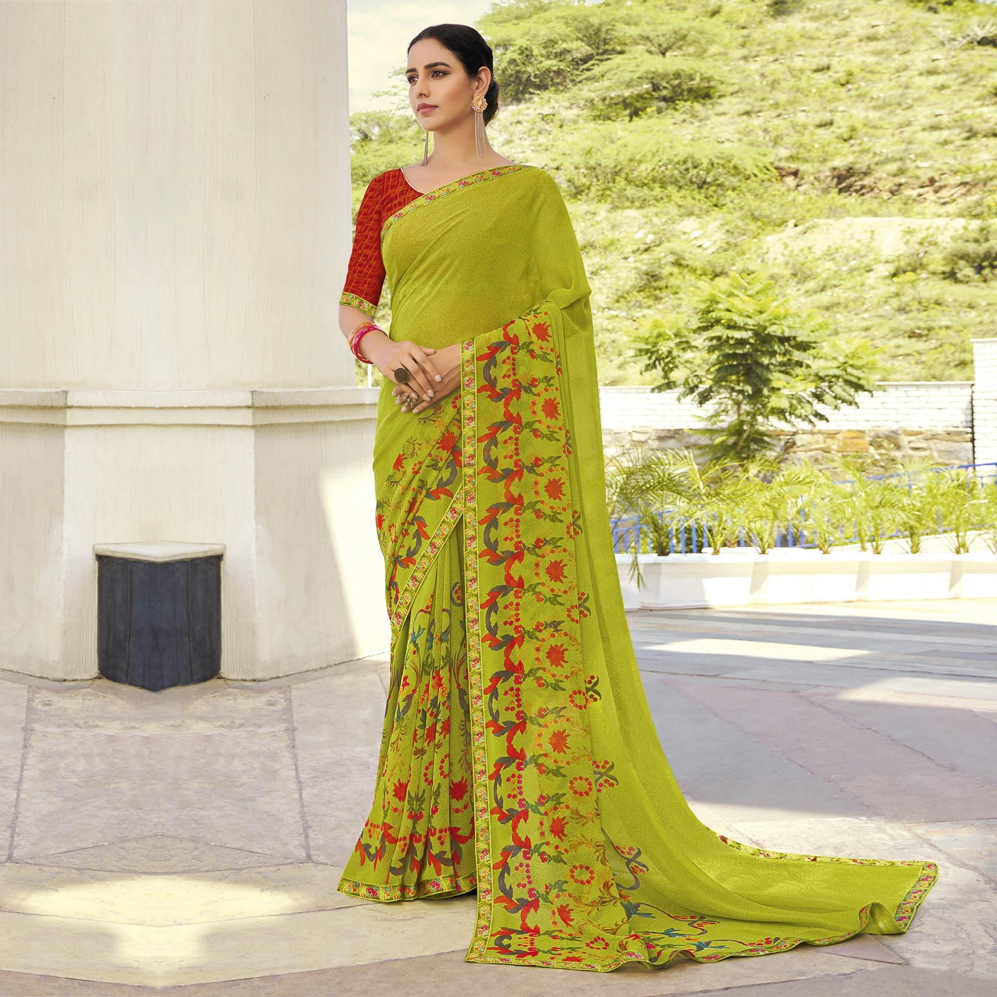 Peachmode Light Green Partywear Printed Georgette Saree