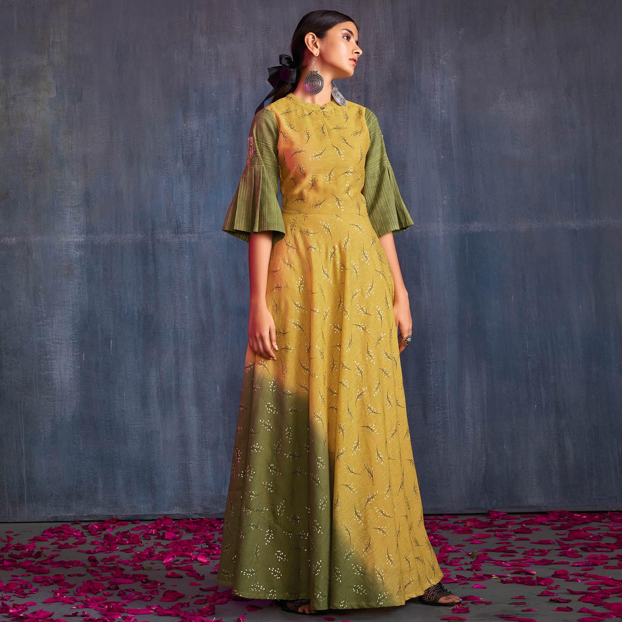Peachmode Groovy Yellow-Green Colored Partywear Embroidered Viscose Gown