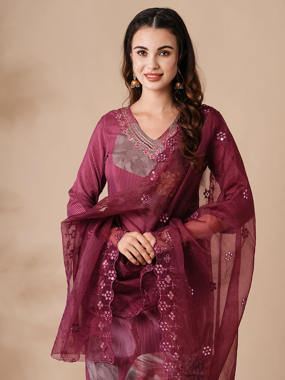 Fashor Floral Printed Mirror Embroidered Kurta with Pants & Embroidered Dupatta - Burgundy - view 2