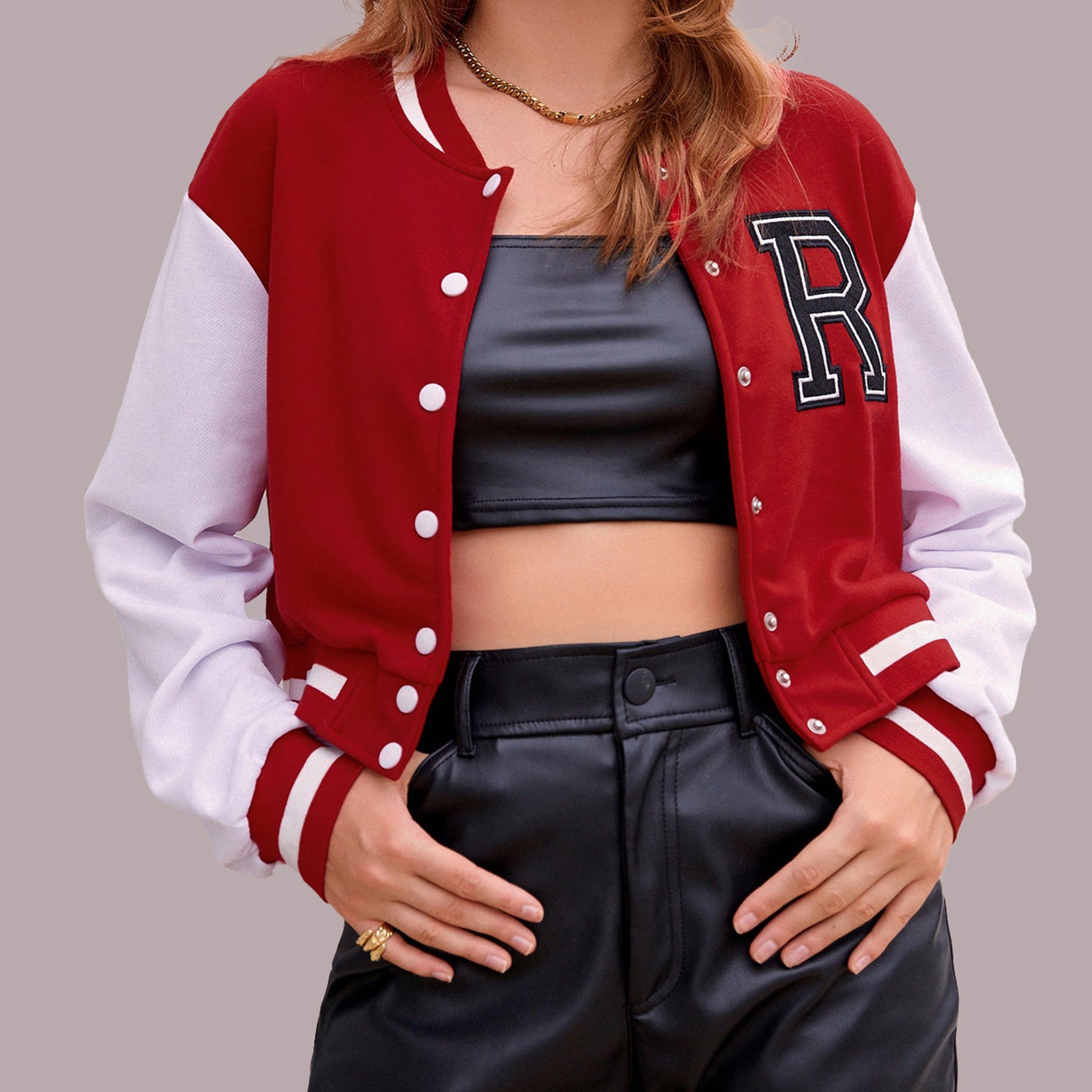 I Z F Red Appliques Crop Varsity Jacket
