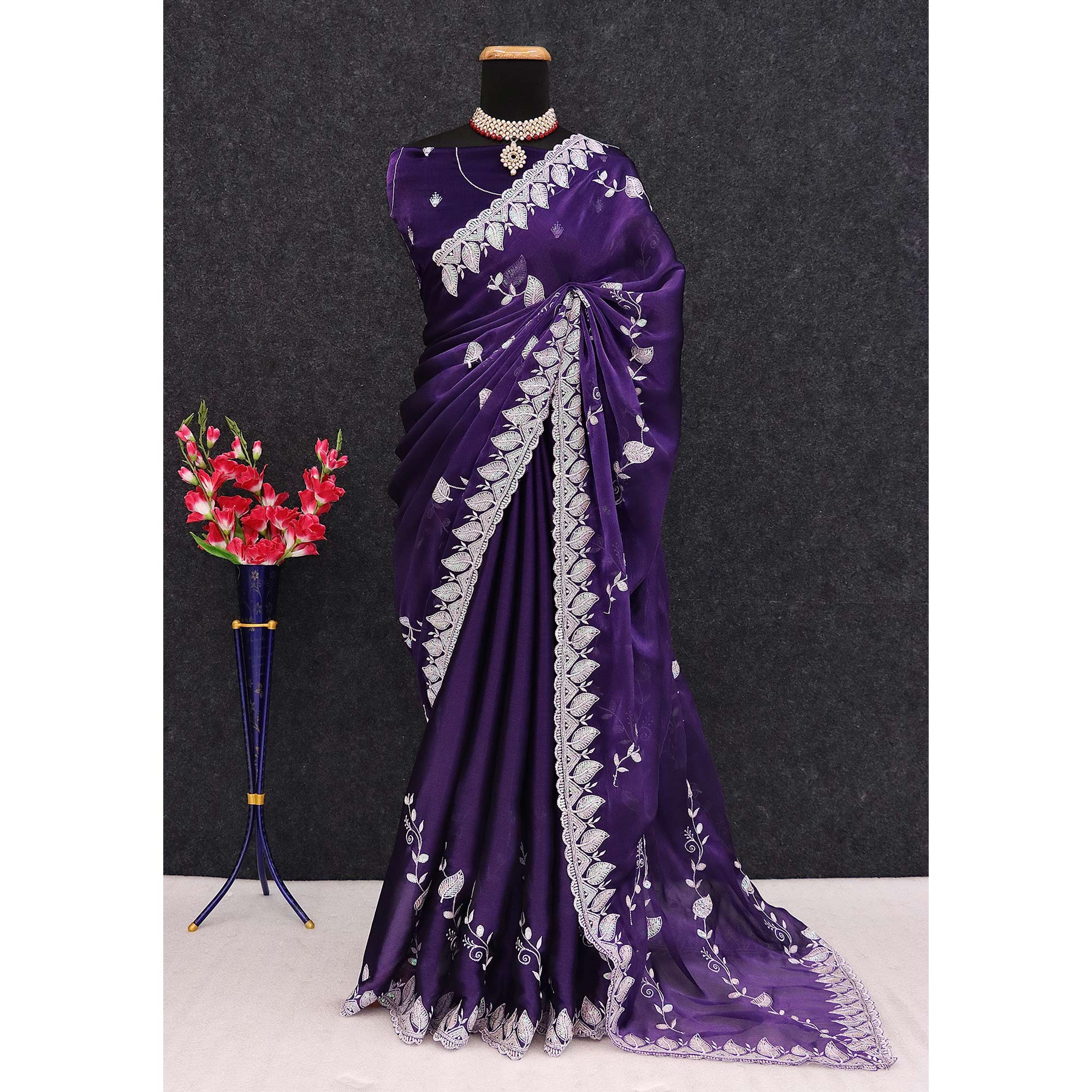 Peachmode Purple Sequins Embroidered Chiffon Saree - view 5