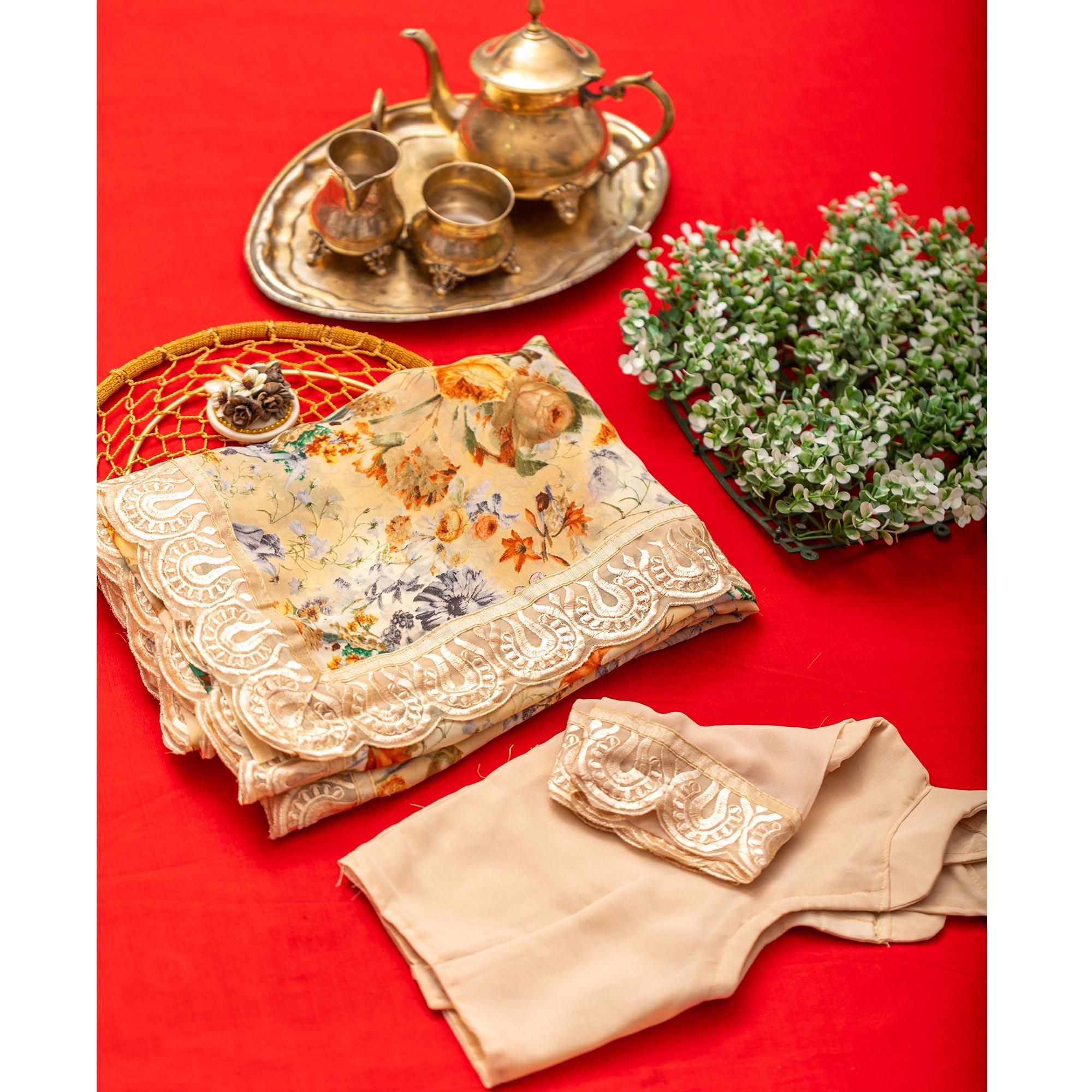 Peachmode Cream Floral Printed With Embroidered Border Georgette Saree - view 5