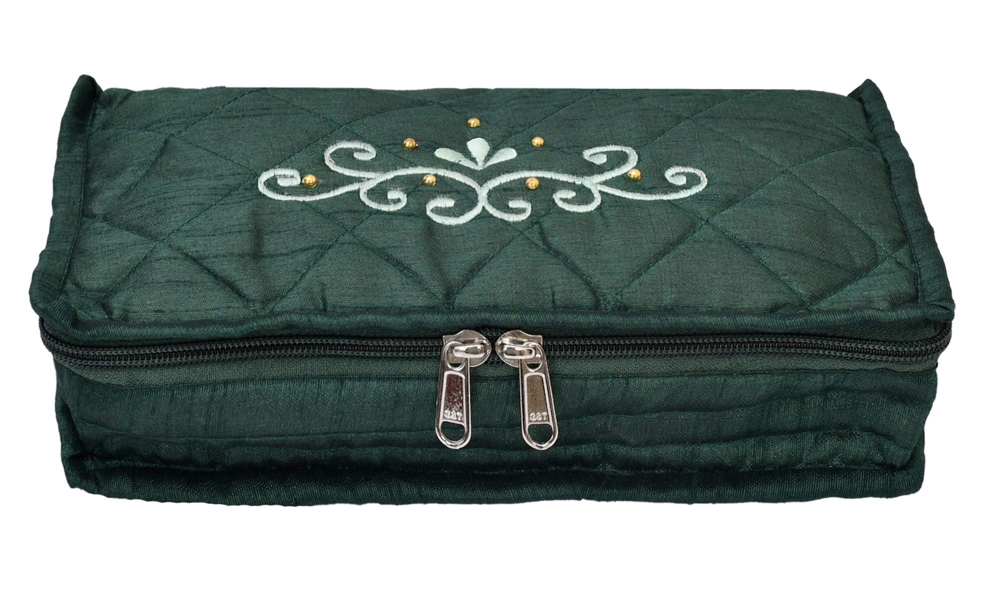 Kuber Industries Embroidery Design 2 Pieces Satin Jewellery Pouch Cum Makeup Kit (Green)- KUBMART02519 - view 4