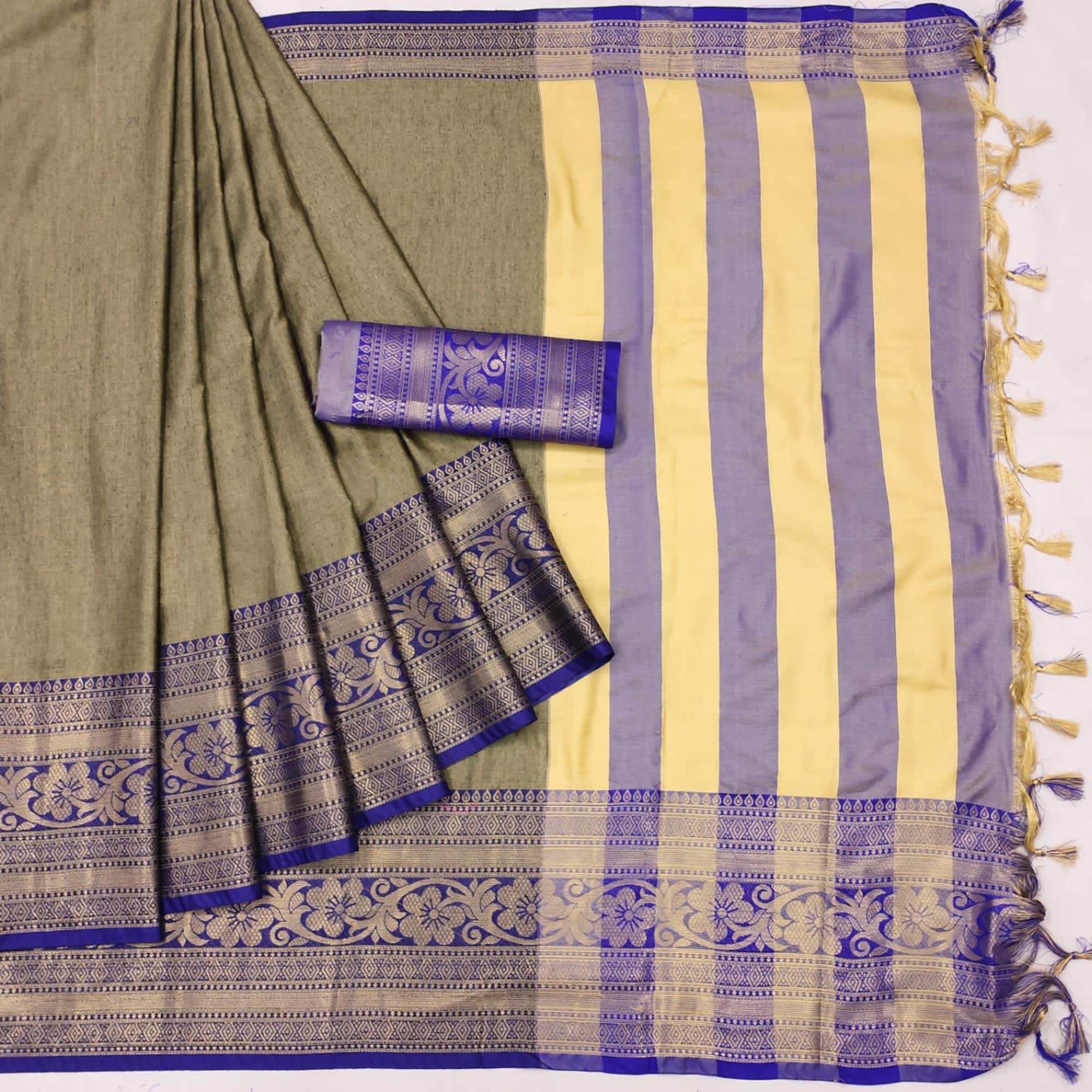 Peachmode Chikoo Floral Woven Cotton Silk Saree With Tassels - view 3
